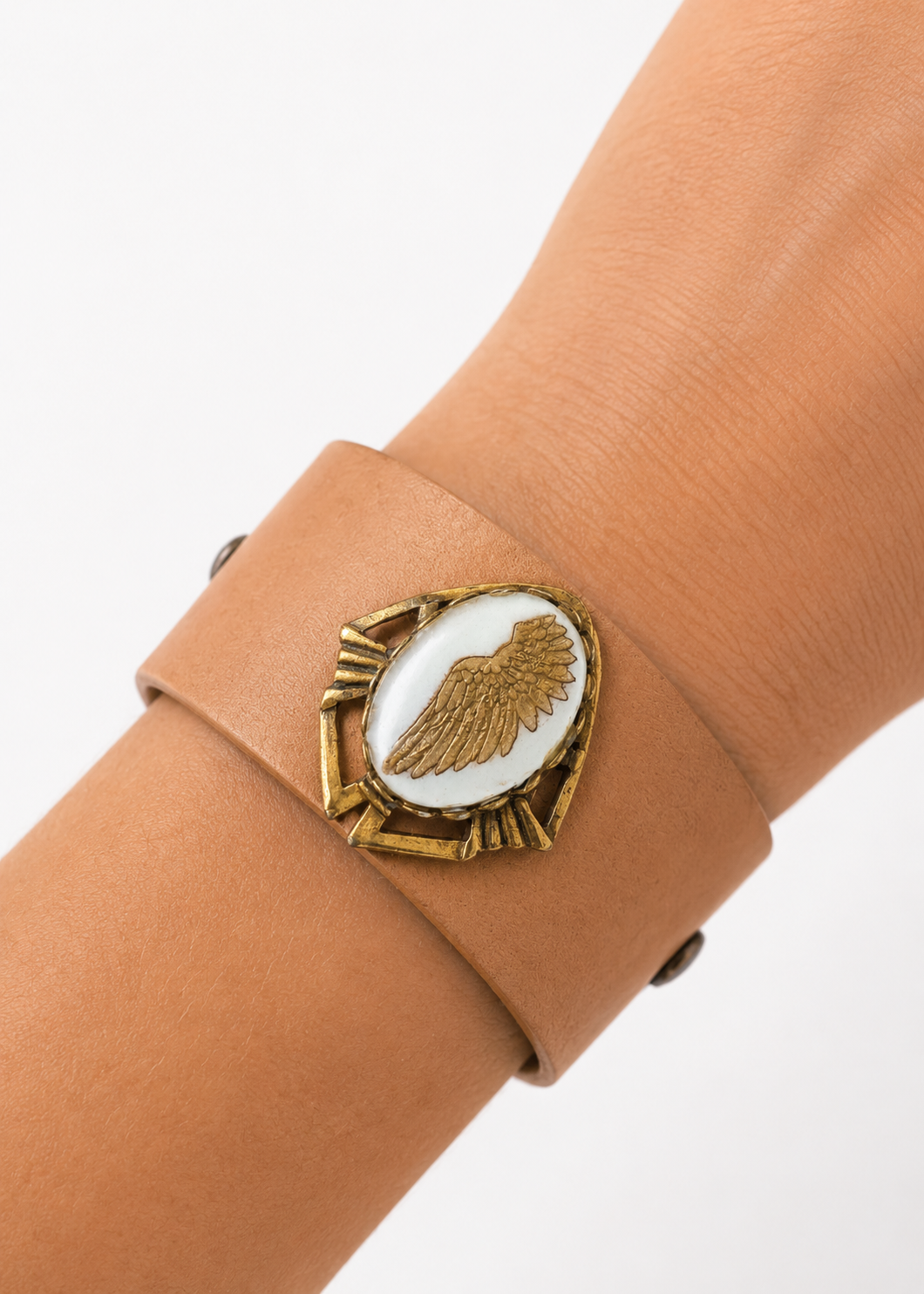 Gold Wing Pendant Wide Leather Wrap Bracelet