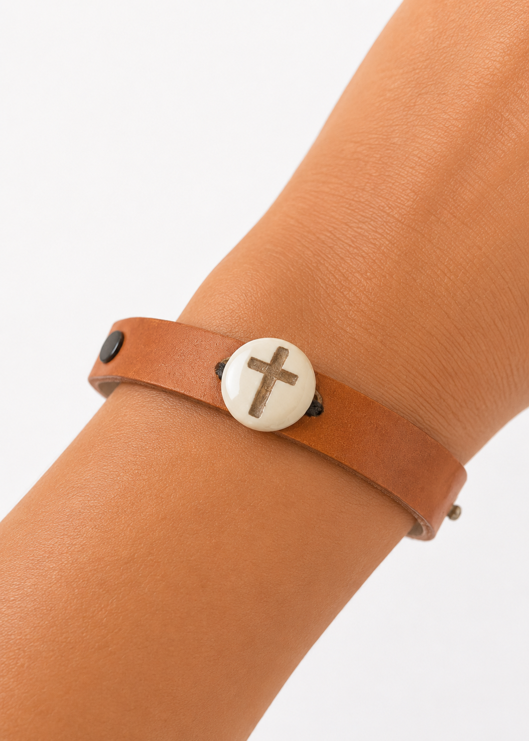 Gold Cross Pendant Leather Wrap Bracelet
