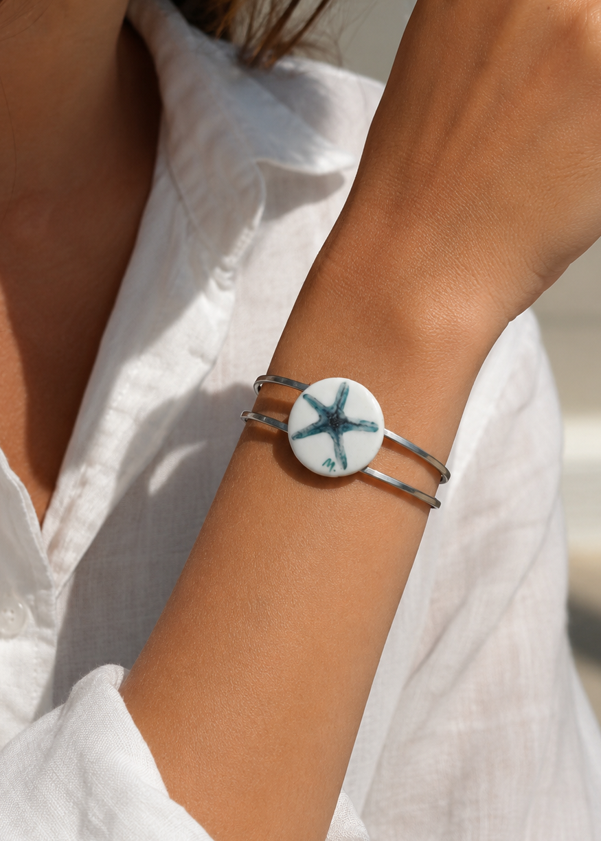 Starfish Porcelain Pendant Stainless Steel Bangle