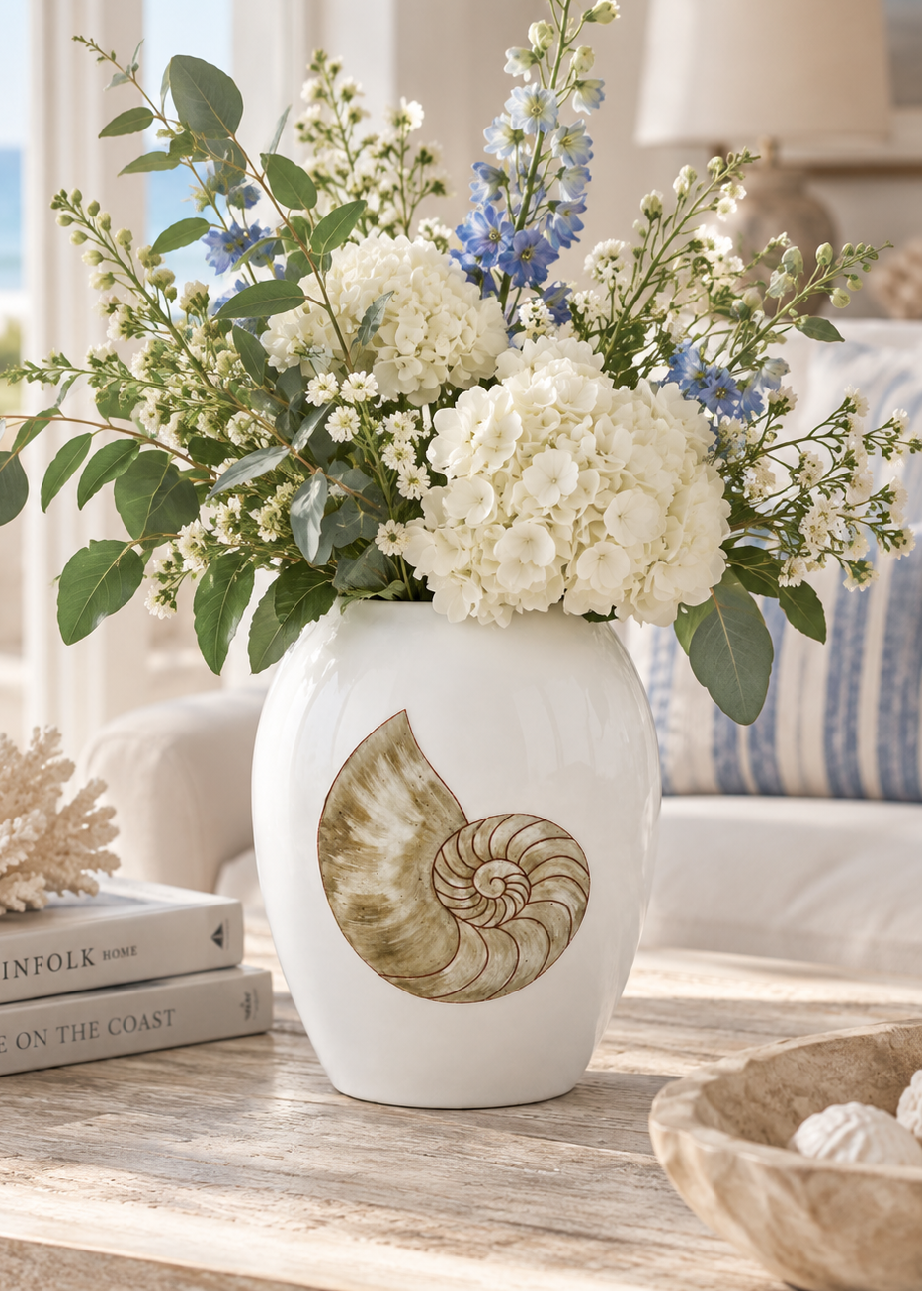 Hand-Painted Nautilus Shell Porcelain Vase | Coastal Beach House Décor
