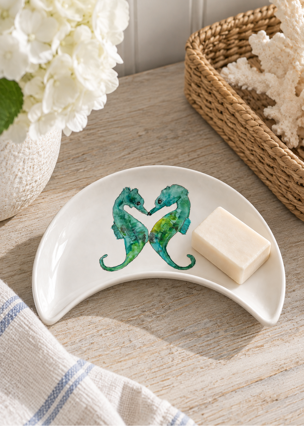 Hand-Painted Coastal Double Seahorse Crescent Vanity Tray