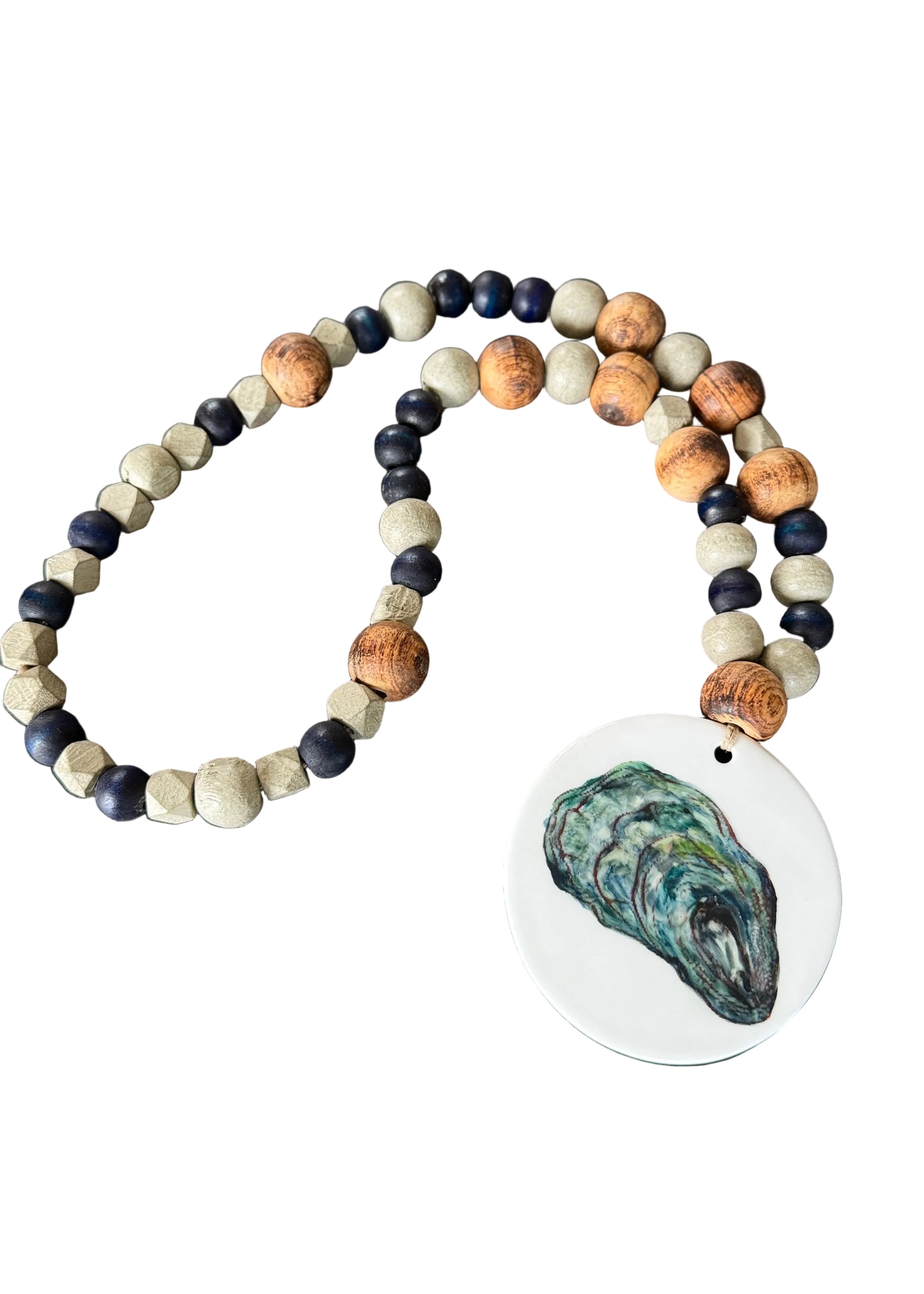Hand Painted Oyster Shell on a Porcelain disk Beaded Tabletop Anchor