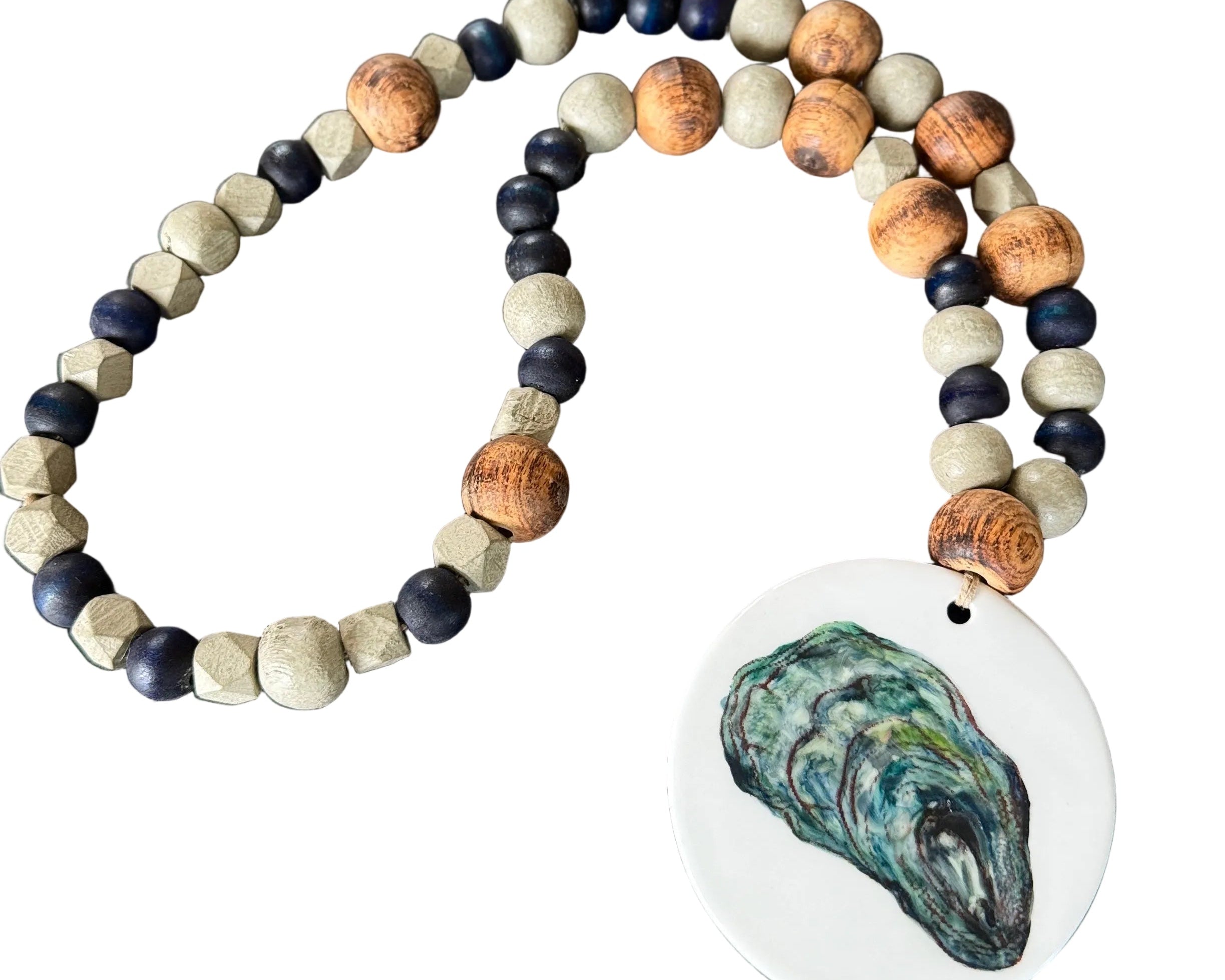Hand Painted Oyster Shell on a Porcelain disk Beaded Tabletop Anchor