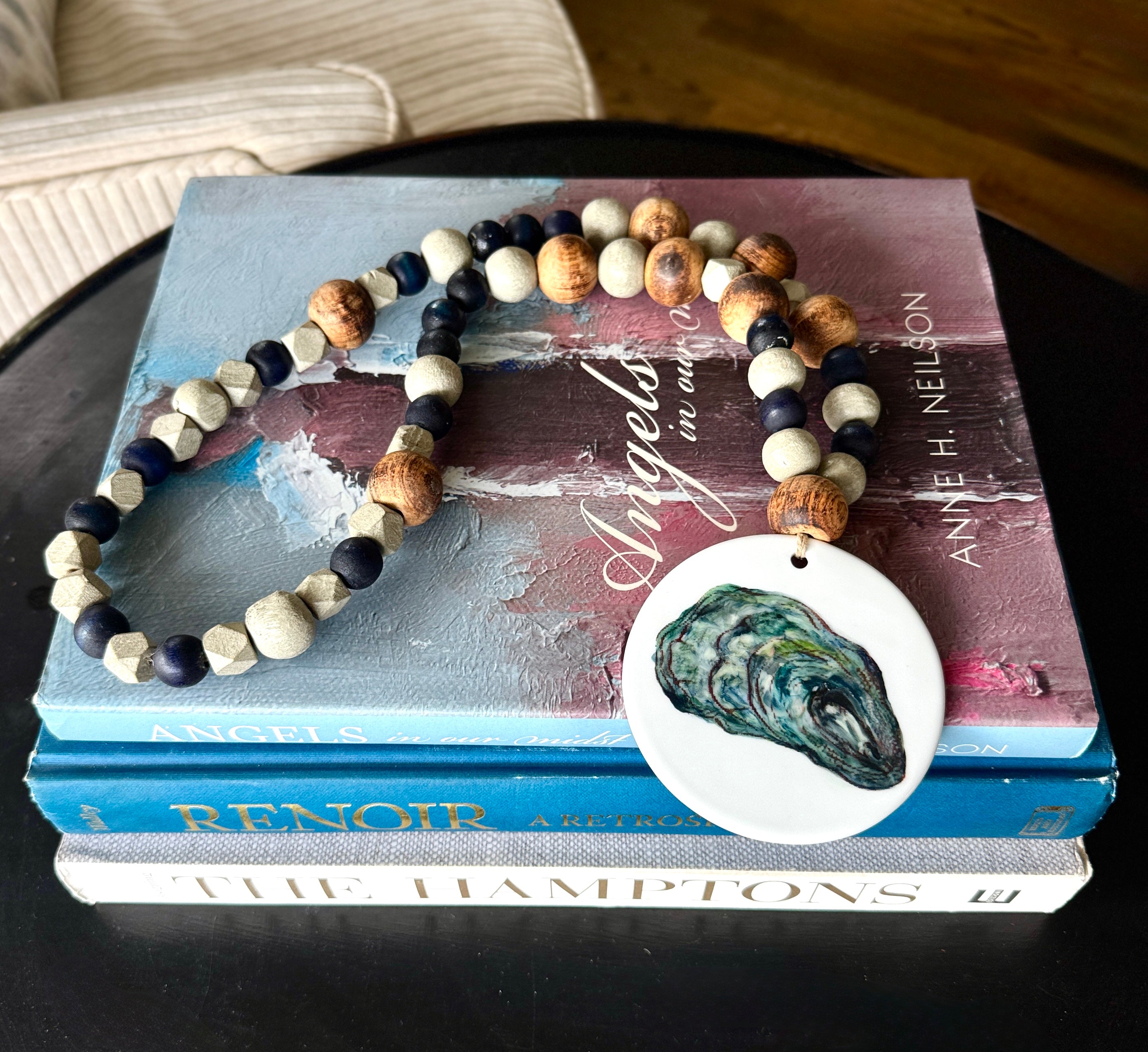 Hand Painted Oyster Shell on a Porcelain disk Beaded Tabletop Anchor