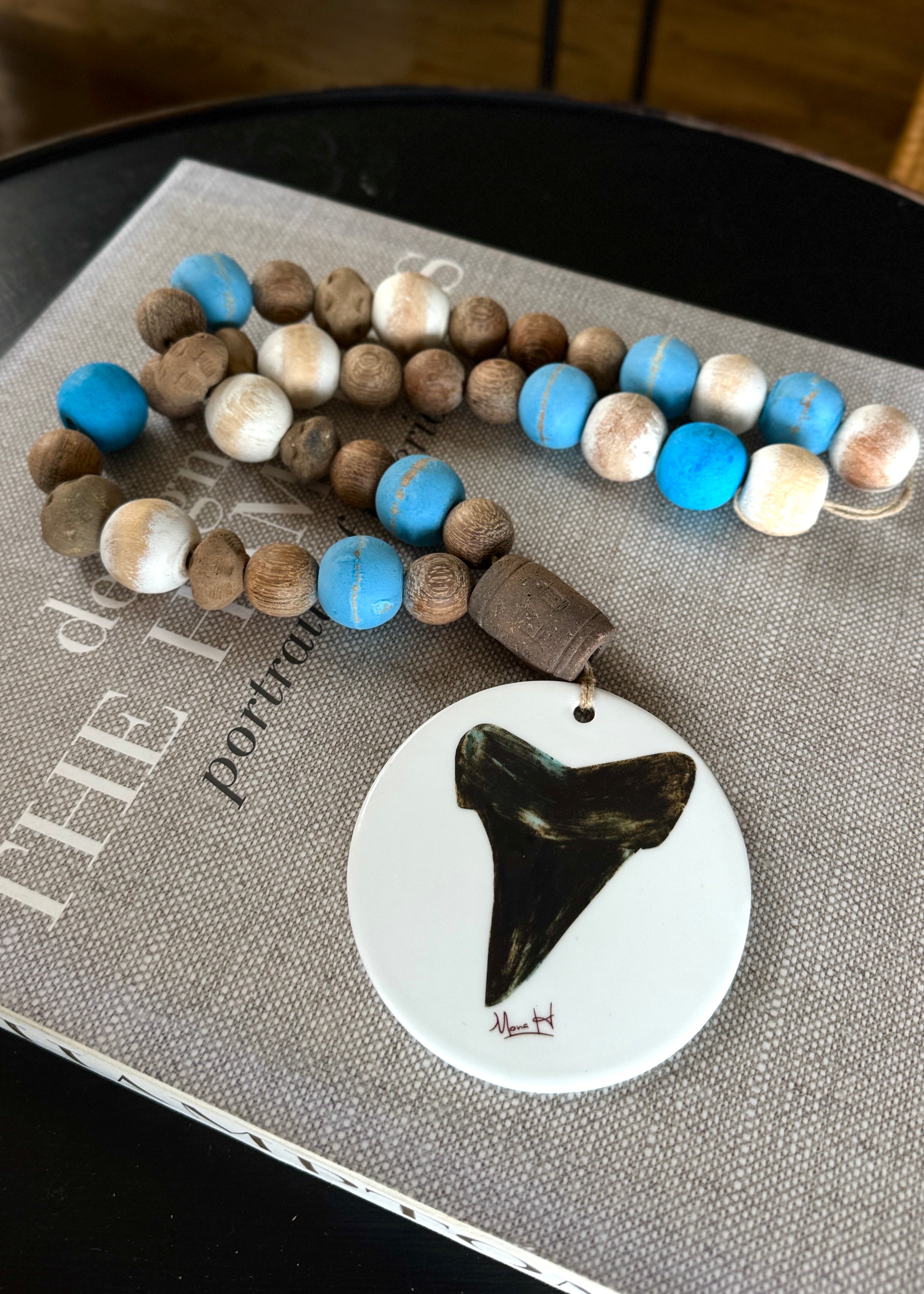 Hand Painted Shark Tooth on a Porcelain Disk Beaded Tabletop Anchor