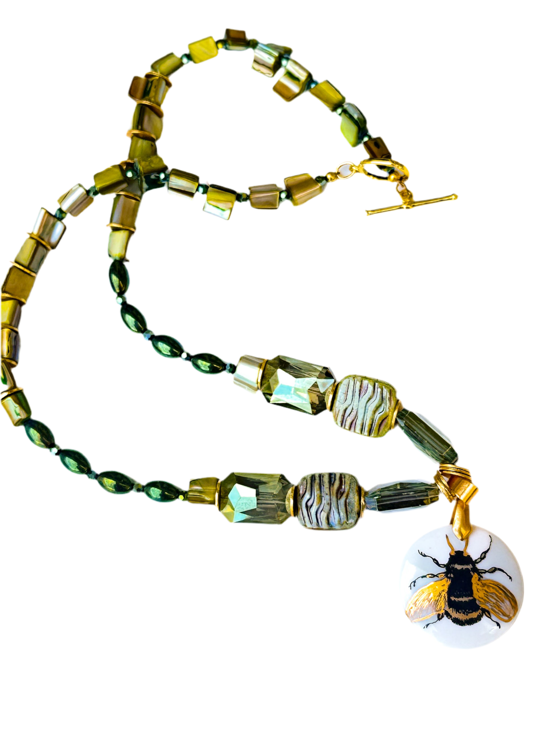 Bee Circle Porcelain Pendant Beaded Necklace