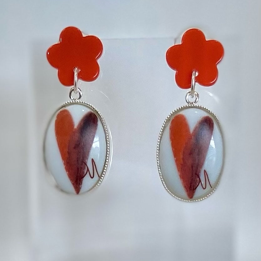 Heart Earrings Hand Painted Bezel Colorful Jewelry
