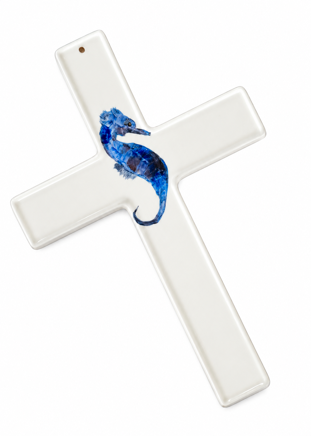 Hand-Painted Coastal Blue Seahorse Cross Tabletop Anchor