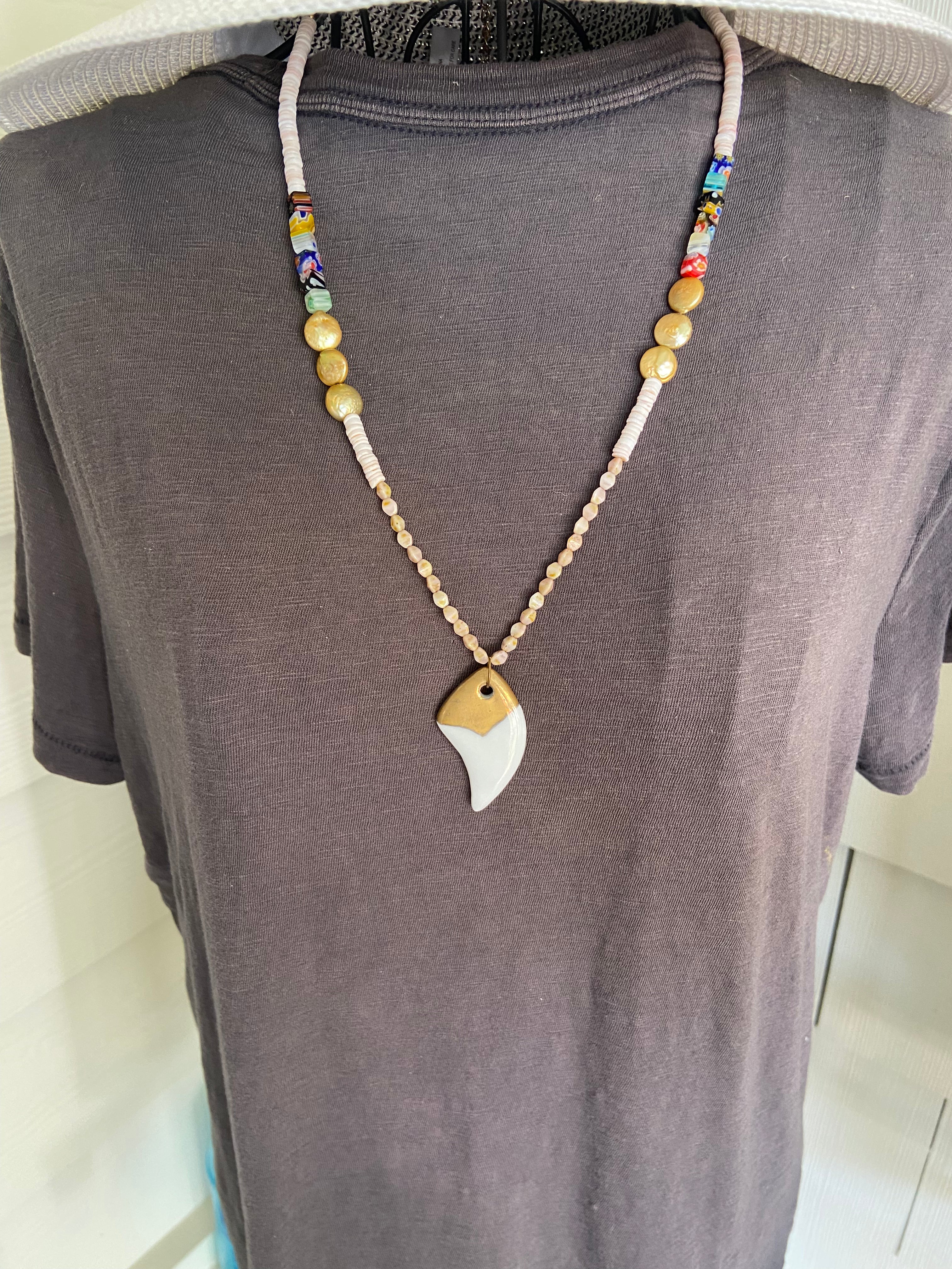 Shark Tooth Pendant Beaded Necklace