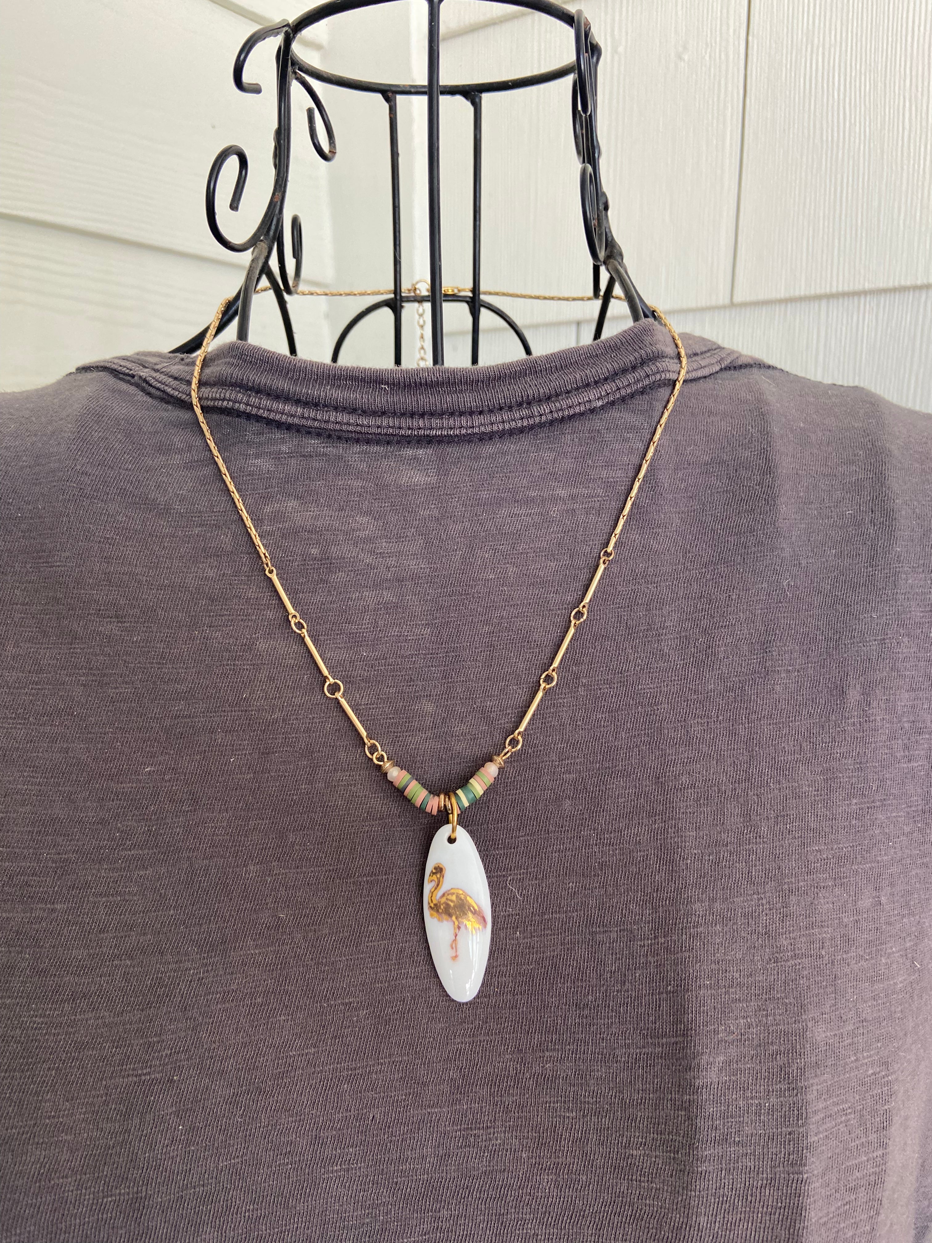 Flamingo Necklace Coastal Jewelry Gold Beaded Chain