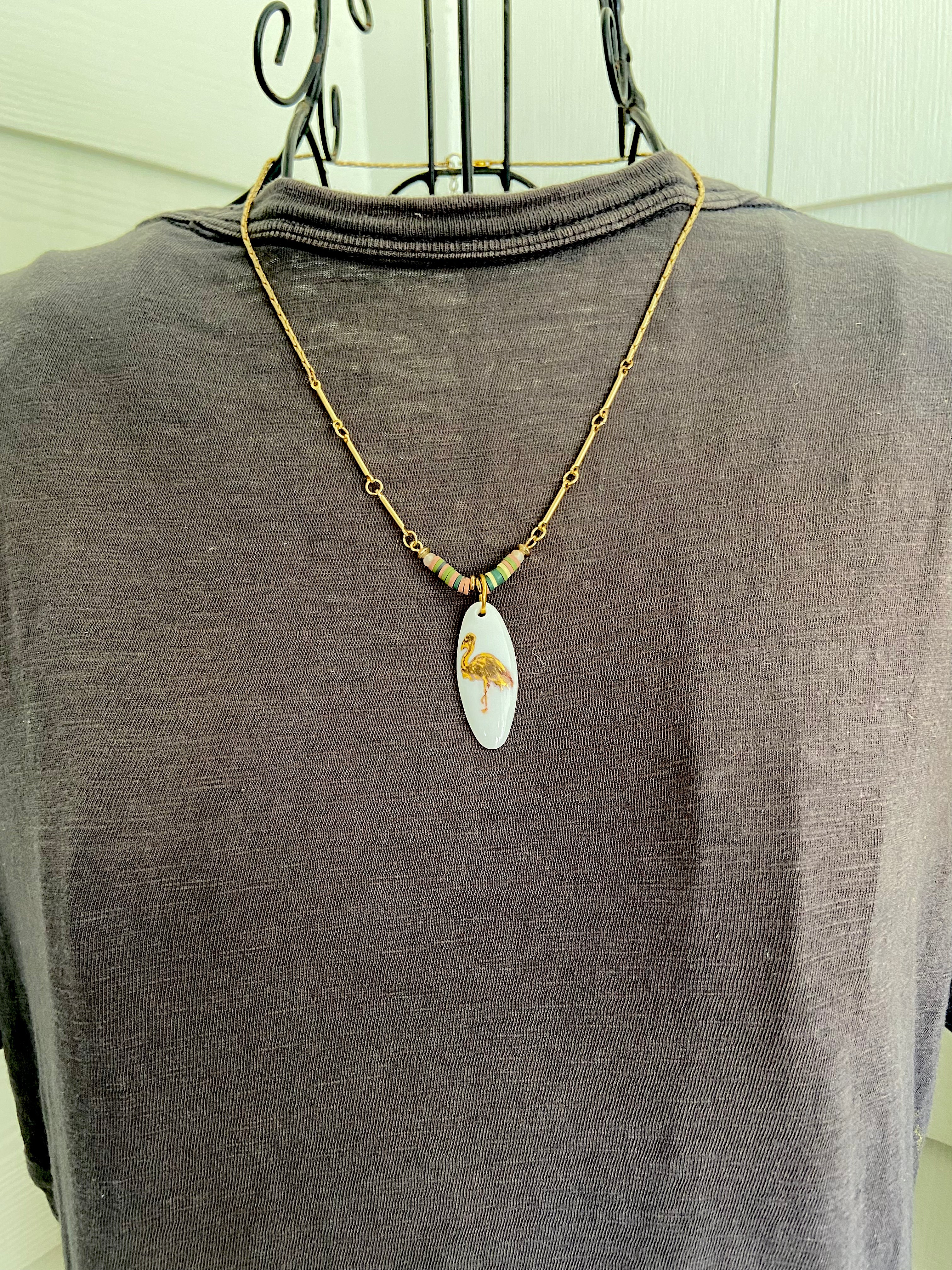 Flamingo Necklace Coastal Jewelry Gold Beaded Chain