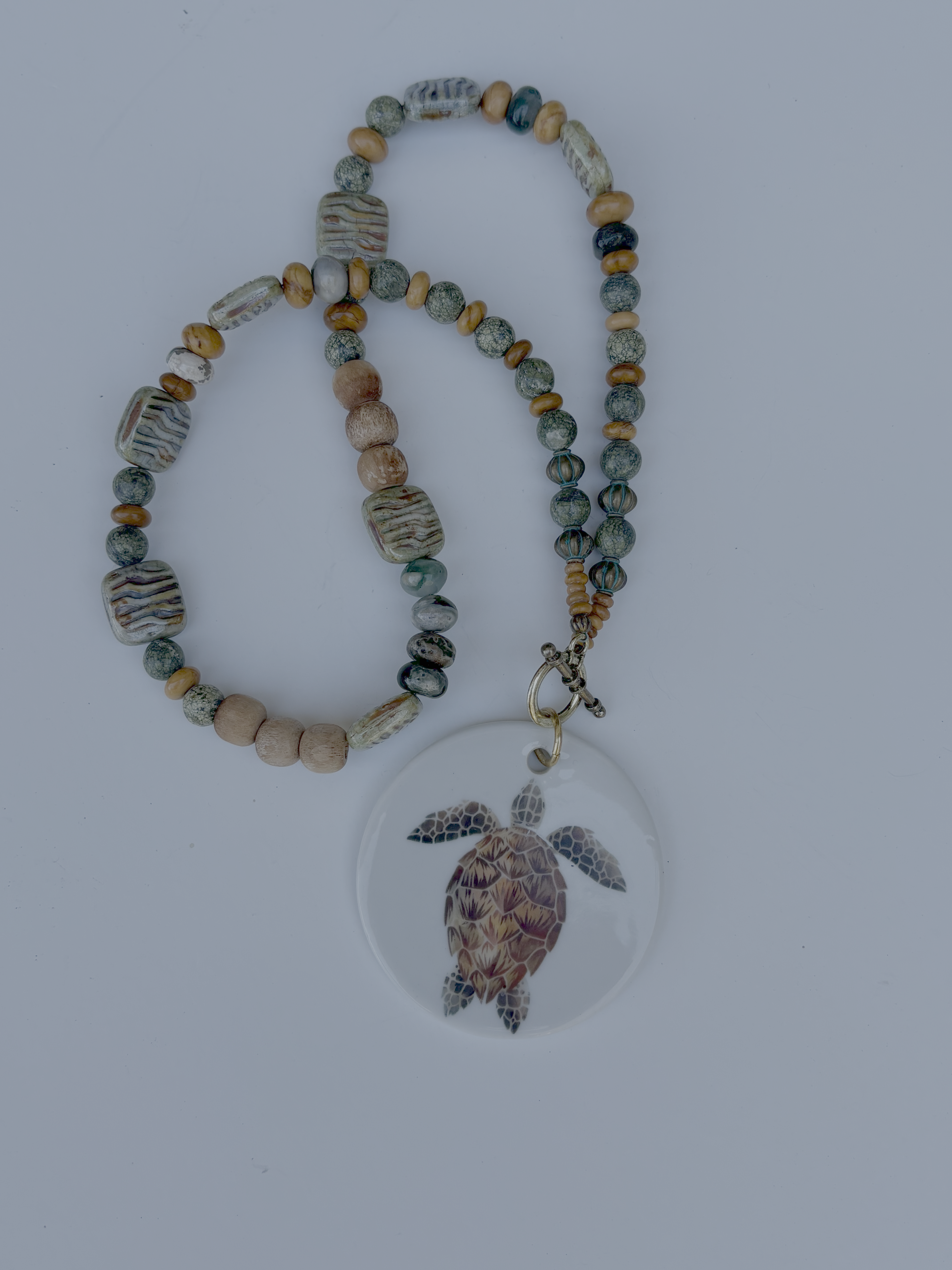 Turtle Porcelain Circle Pendant Beaded Necklace
