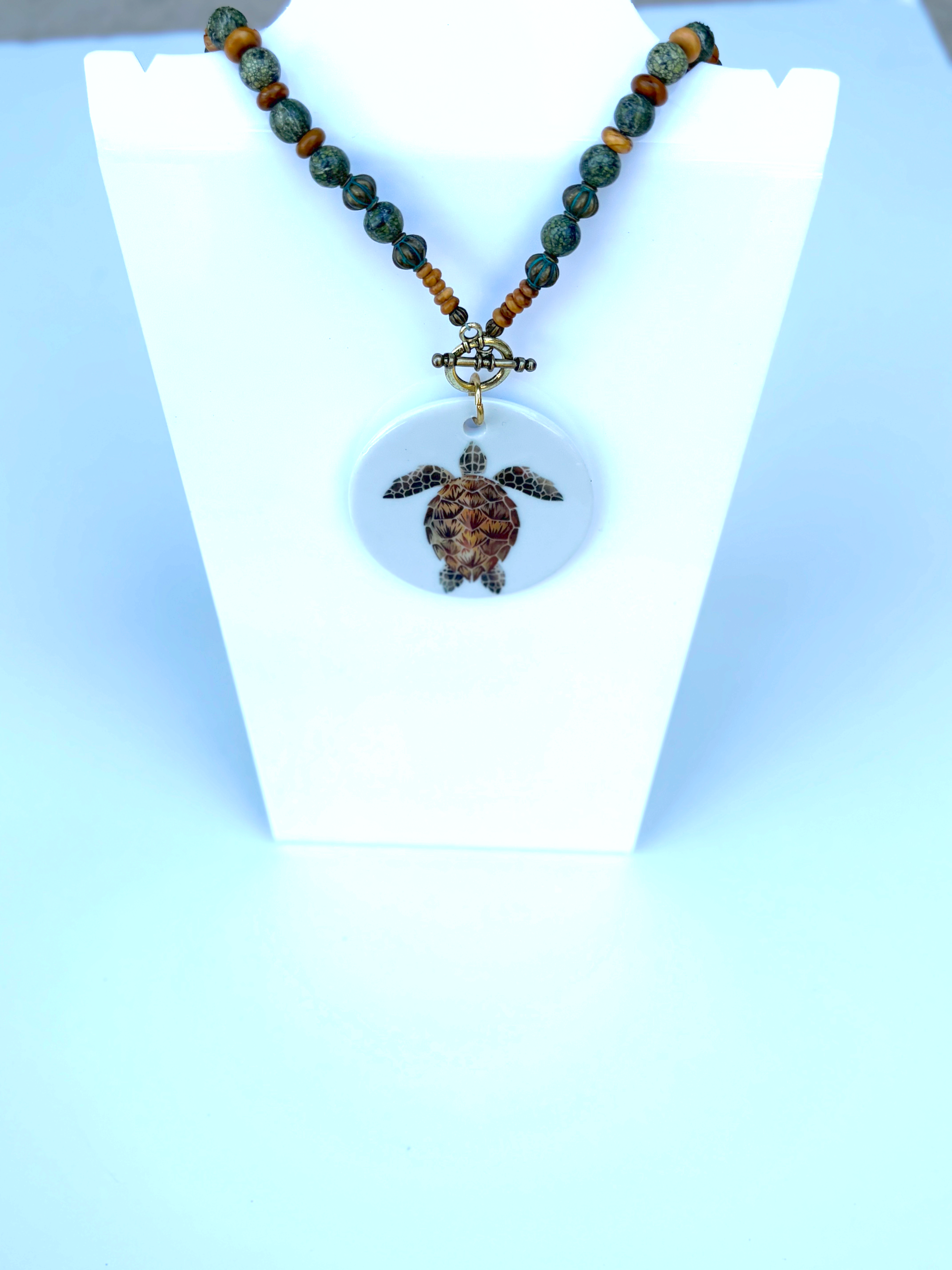 Turtle Porcelain Circle Pendant Beaded Necklace