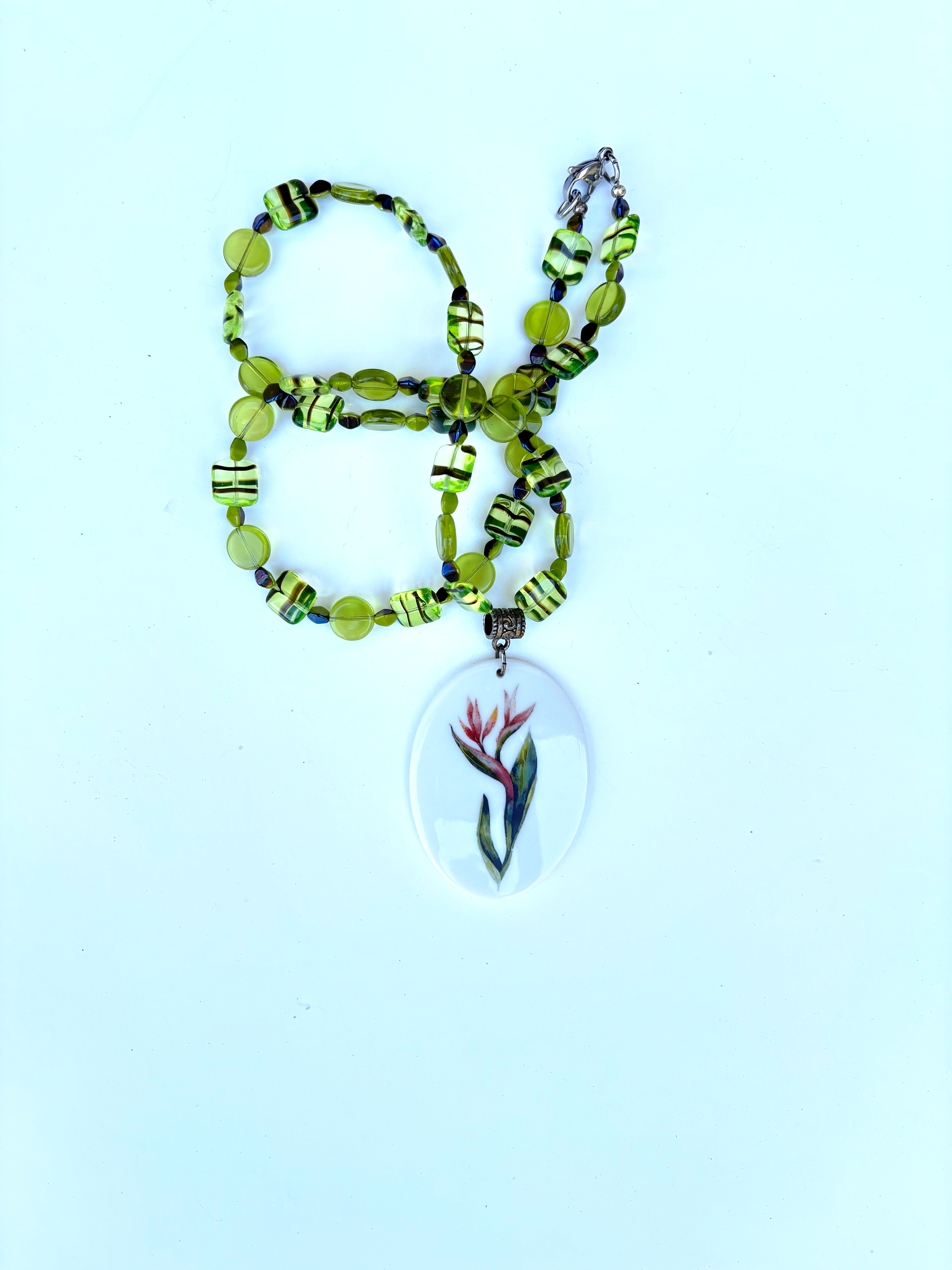 Floral Oval Porcelain Pendant Beaded Necklace