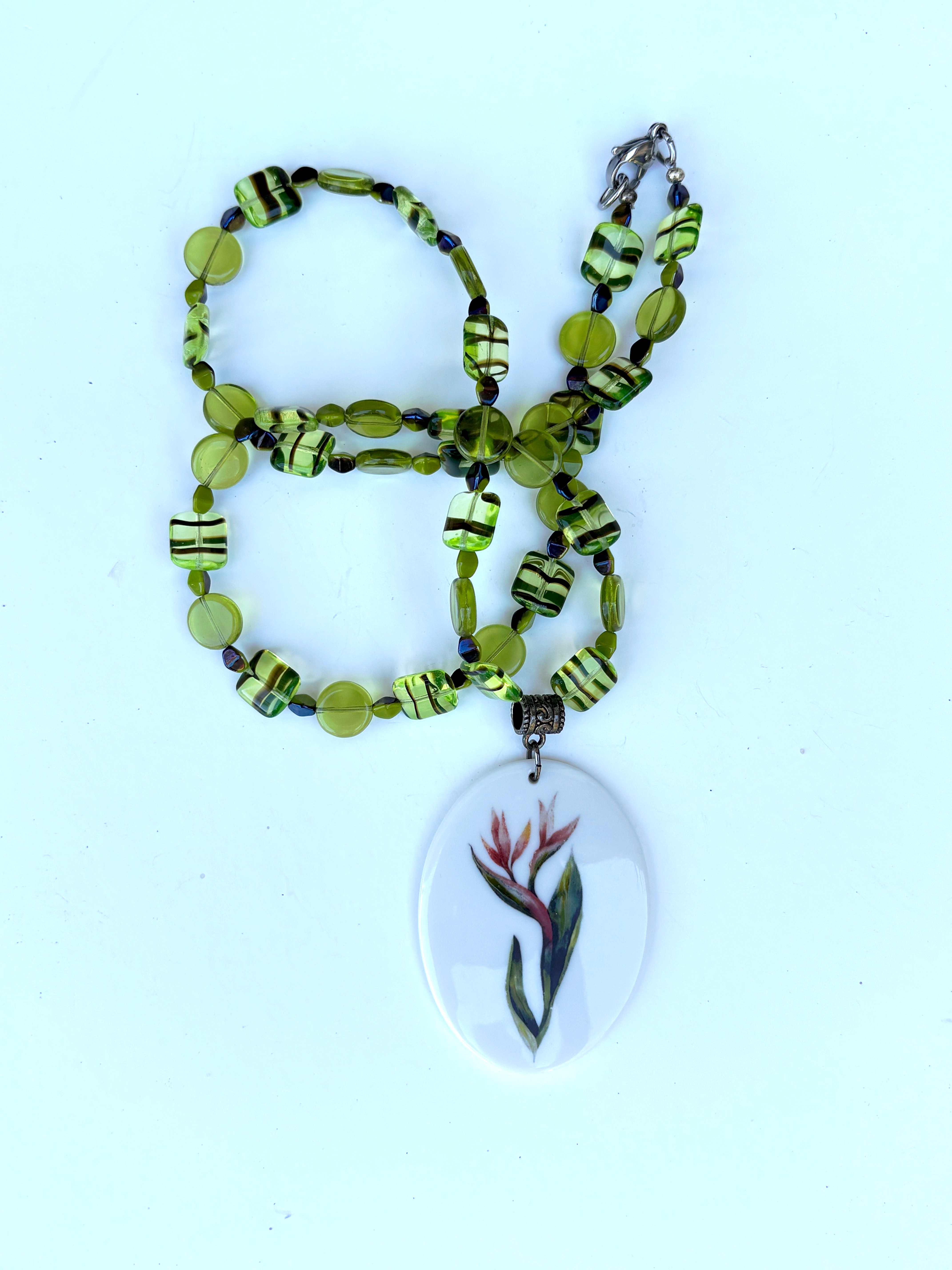 Floral Oval Porcelain Pendant Beaded Necklace
