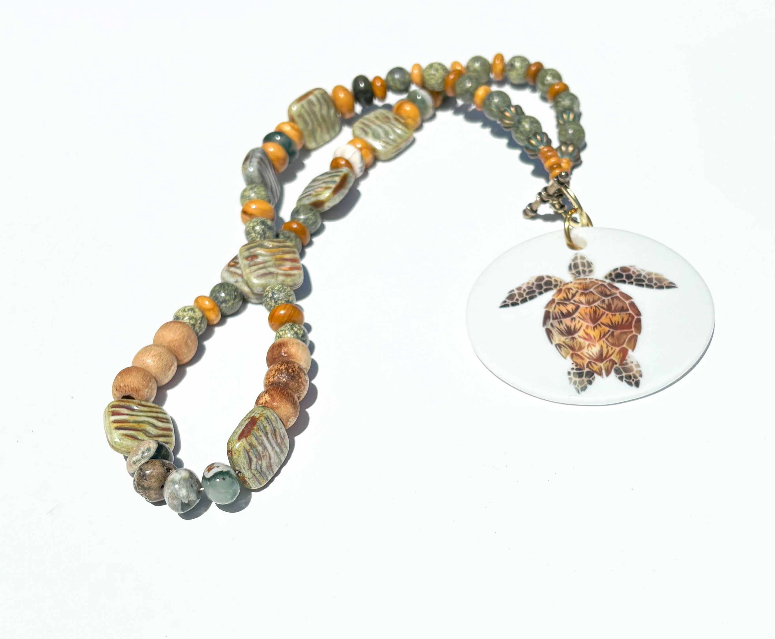 Turtle Porcelain Circle Pendant Beaded Necklace