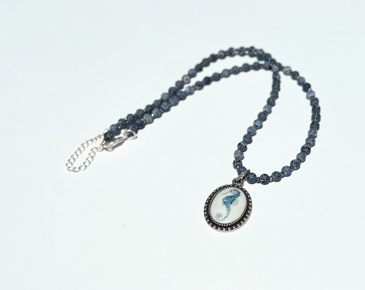 Seahorse Bezel Pendant on a beaded Necklace Beach Lover Jewelry