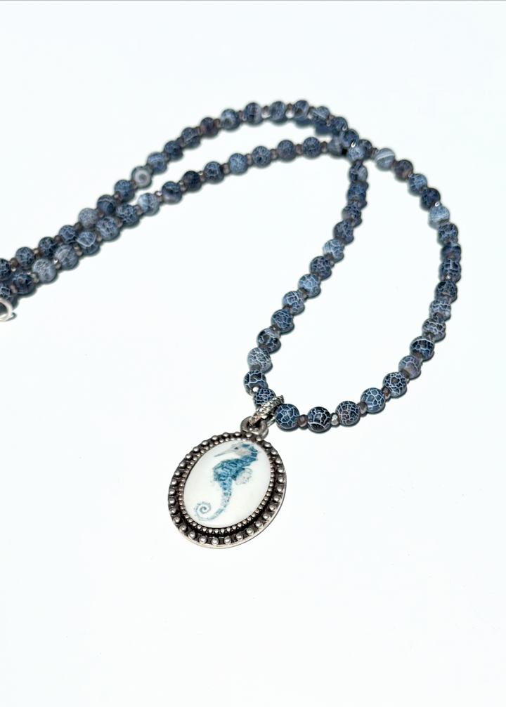 Seahorse Bezel Pendant on a beaded Necklace Beach Lover Jewelry