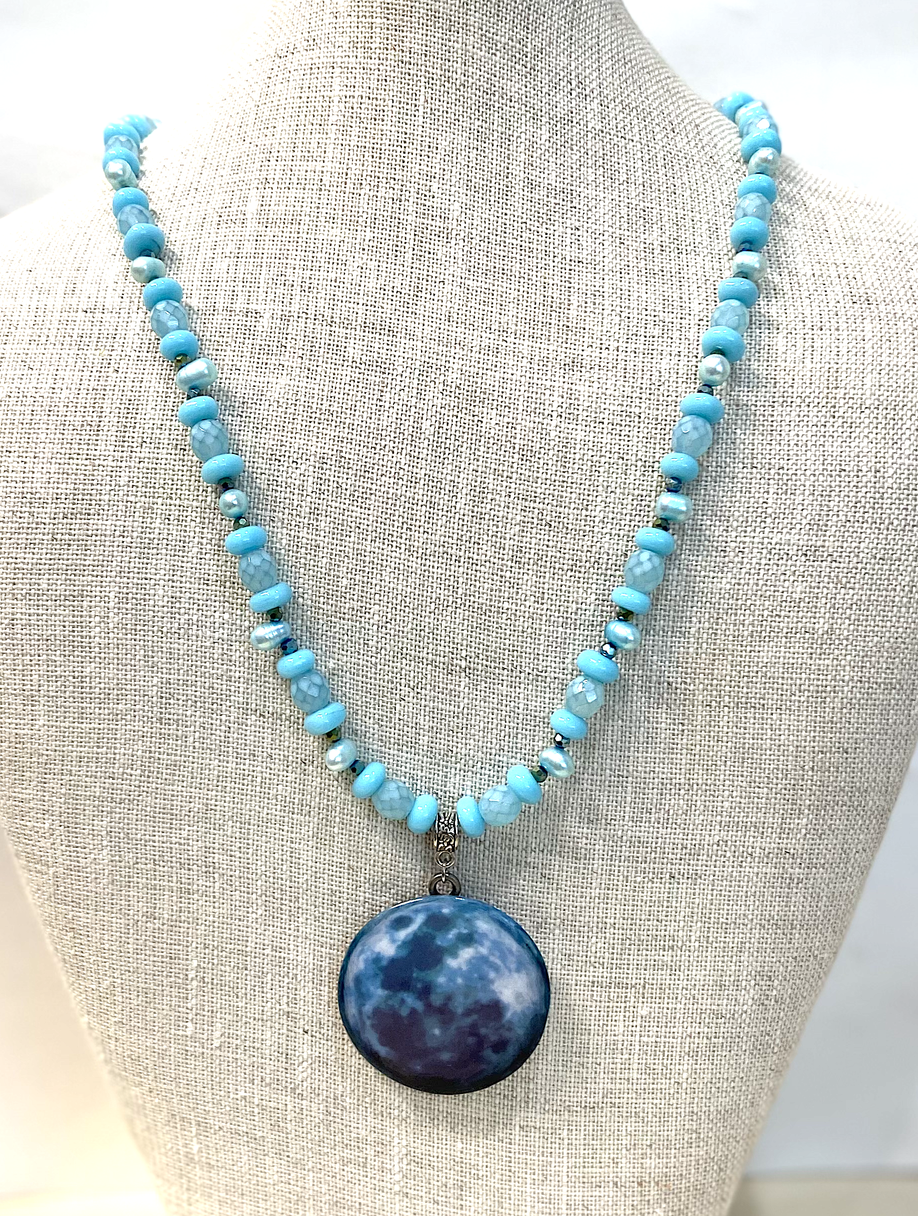 Moon Necklace, Blue Moon, glass pearl beads ,beaded necklace, astrology jewelry