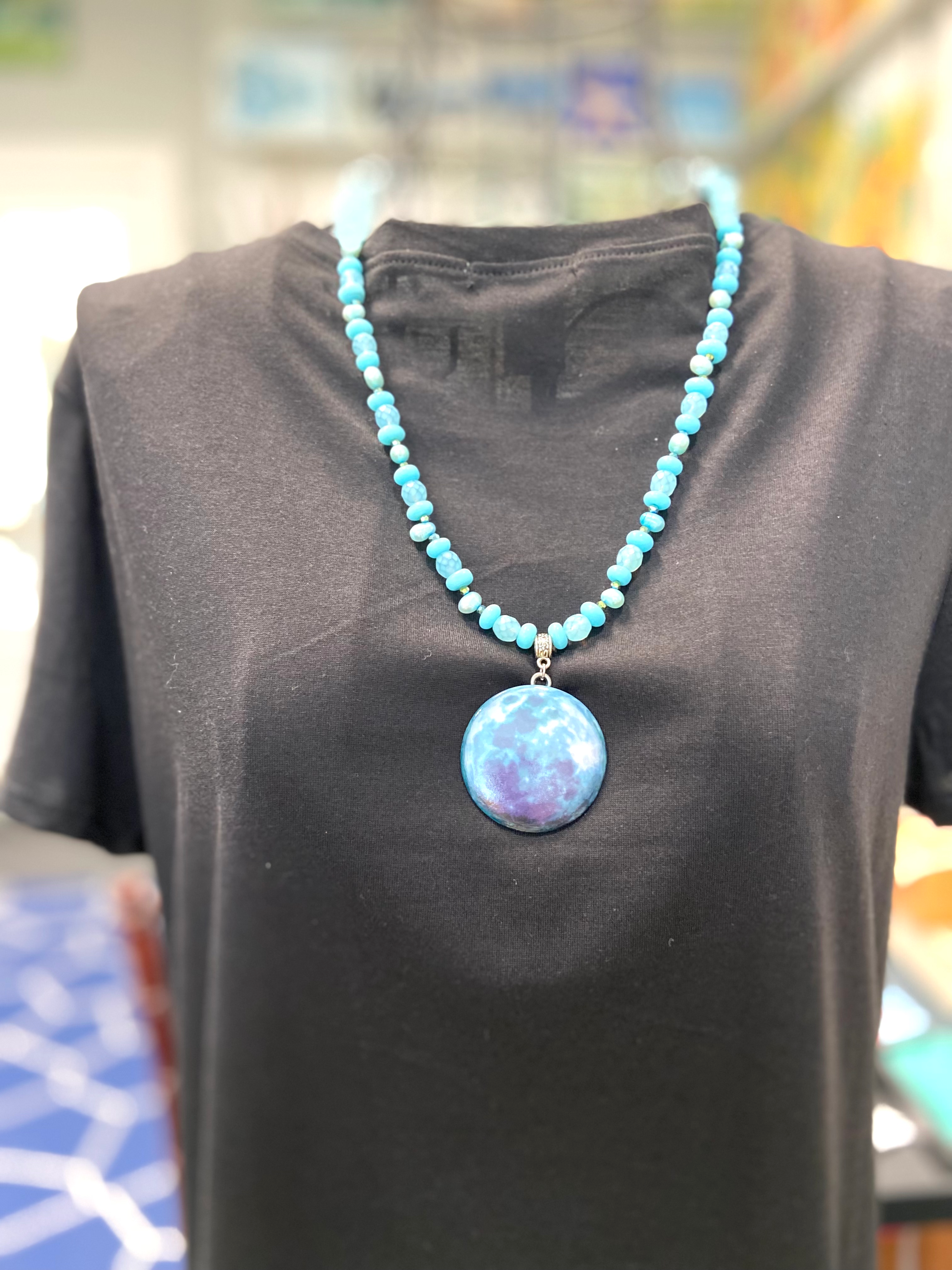 Moon Necklace, Blue Moon, glass pearl beads ,beaded necklace, astrology jewelry