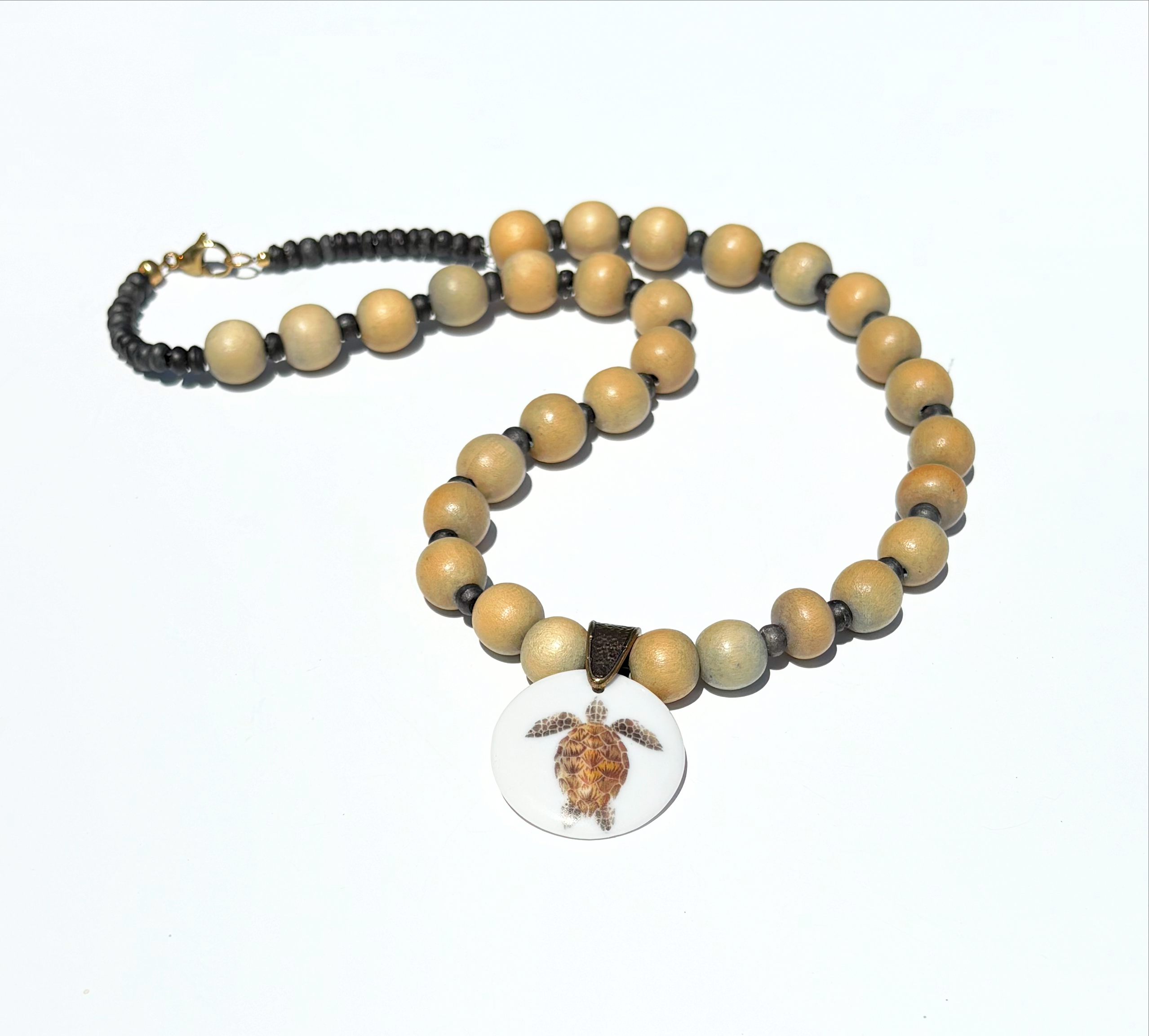 Sea Turtle Circle Porcelain Pendant Wood Beaded Necklace