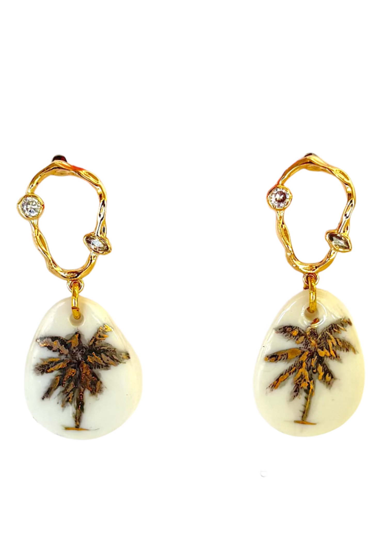 Gold & Green Palm Tree Porcelain Pendant Earrings with Diamond Accents