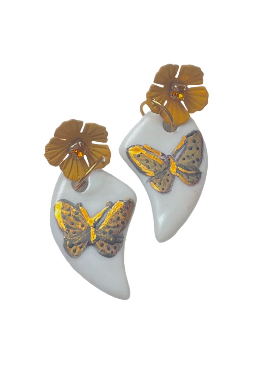 Black & Gold Butterfly Porcelain Pendant Flower Stud Earrings
