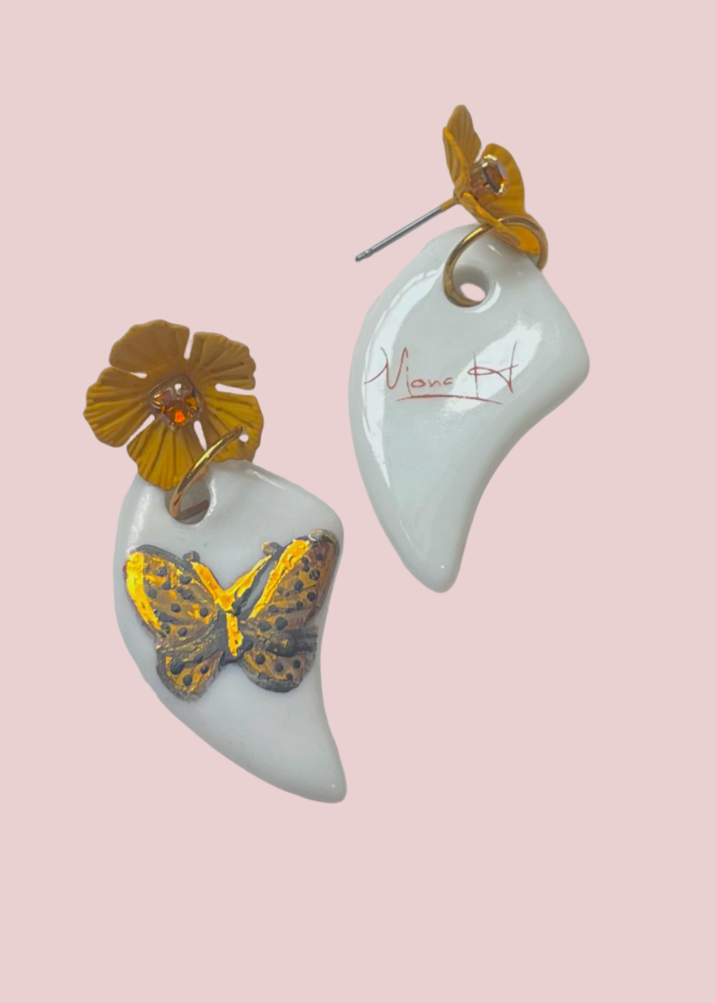 Black & Gold Butterfly Porcelain Pendant Flower Stud Earrings