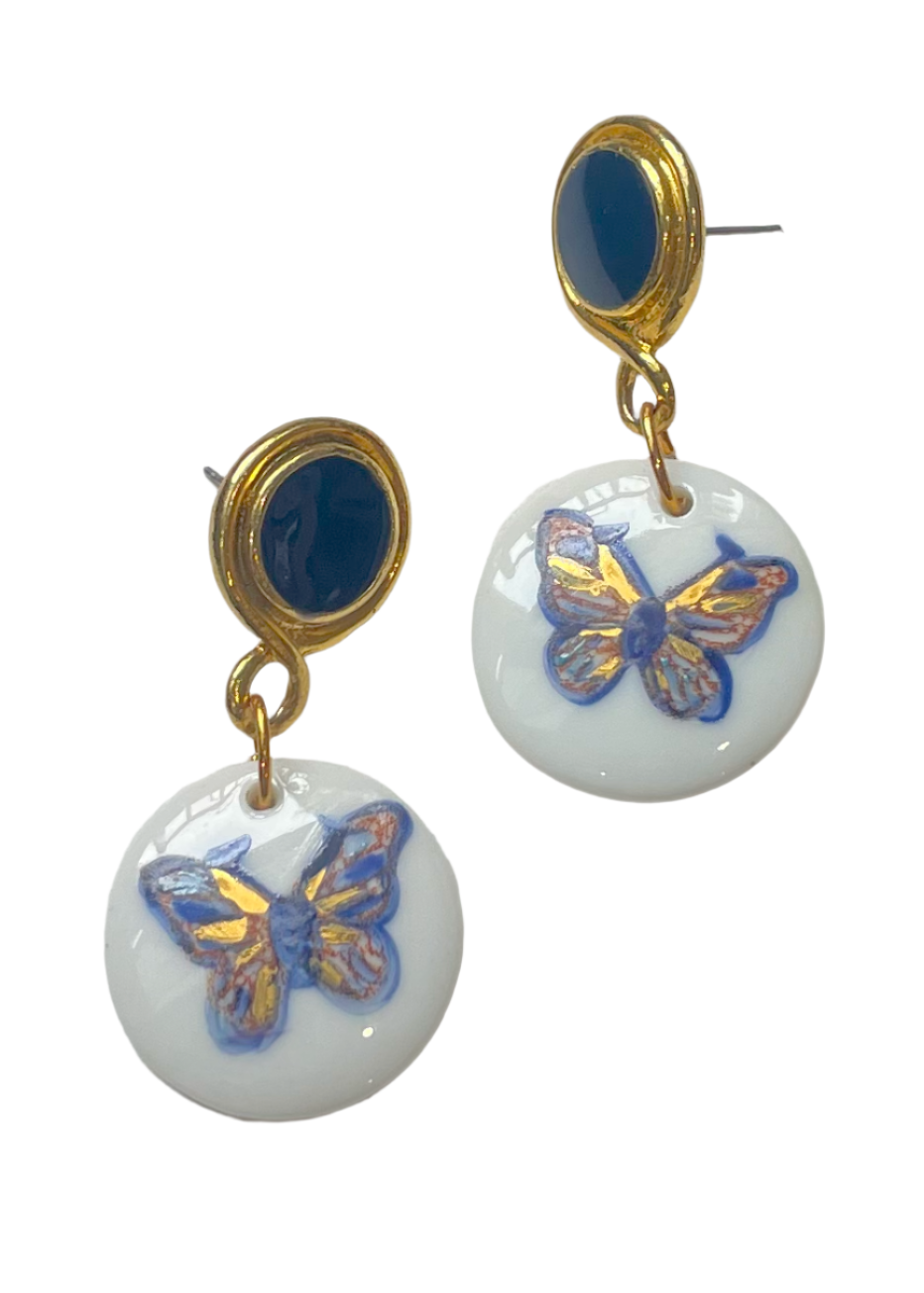 Blue Butterfly Hand-Painted Porcelain Pendant Stud Earrings