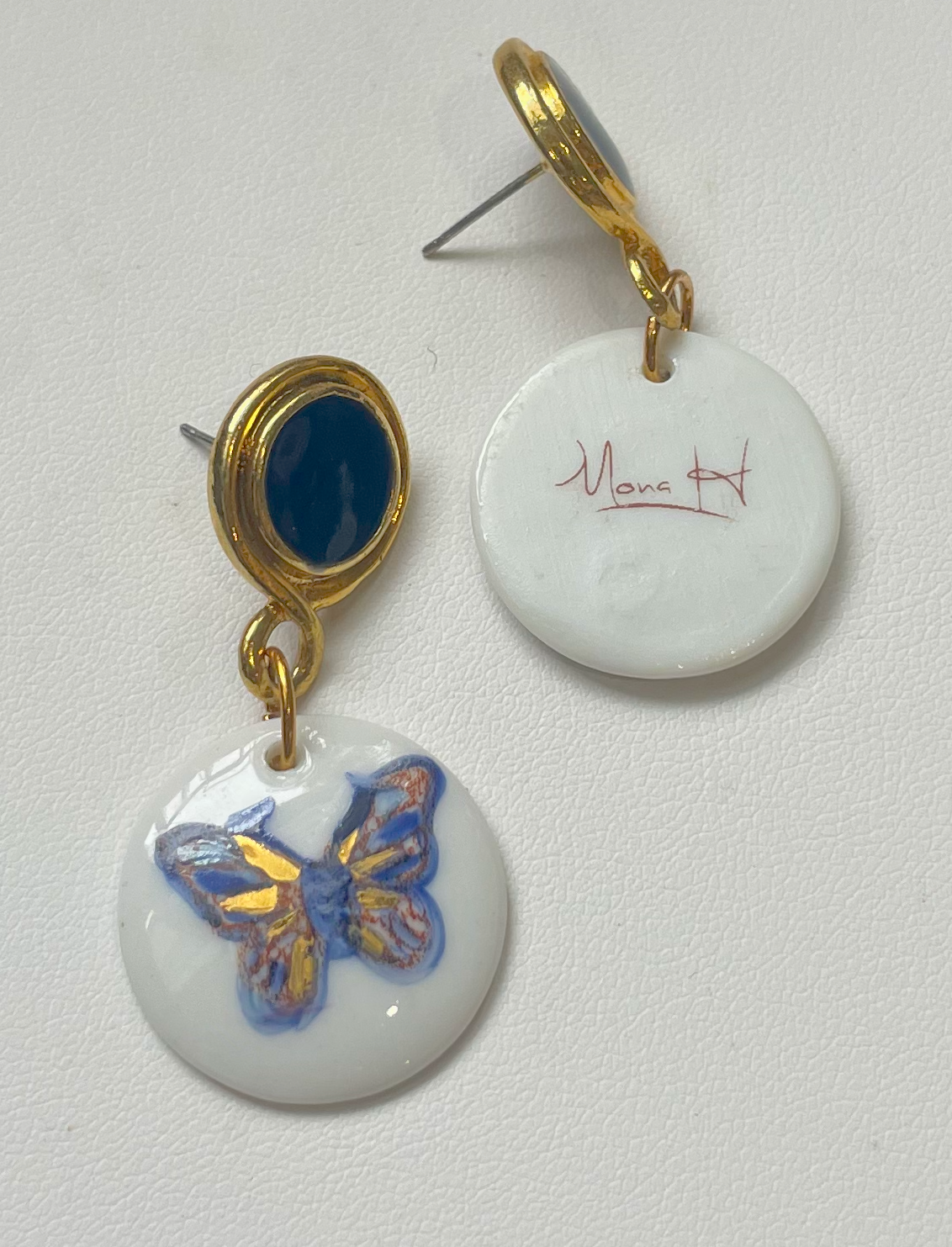Blue Butterfly Hand-Painted Porcelain Pendant Stud Earrings