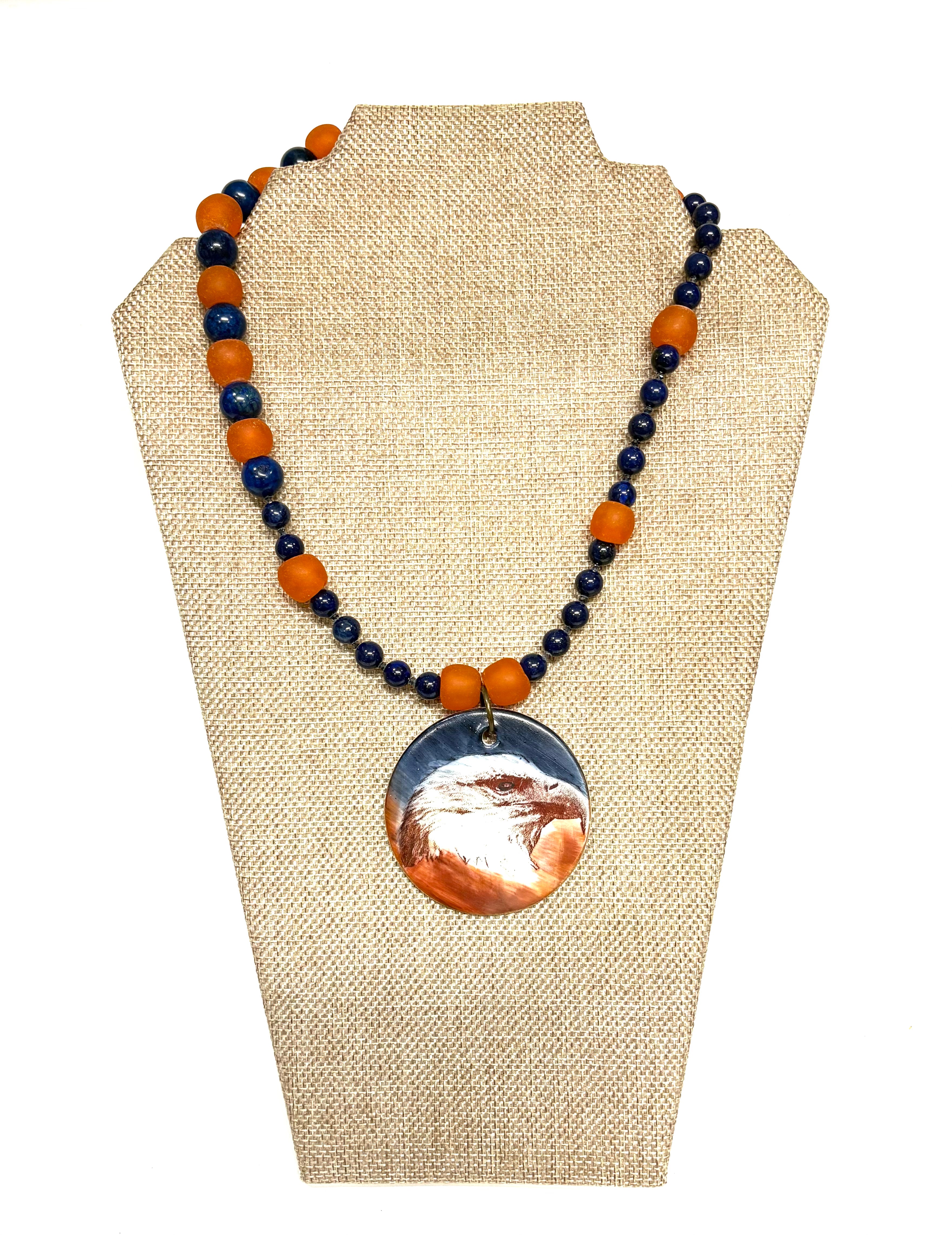 Hand-Painted Porcelain Pendant Necklace – Orange & Blue Beaded Eagle