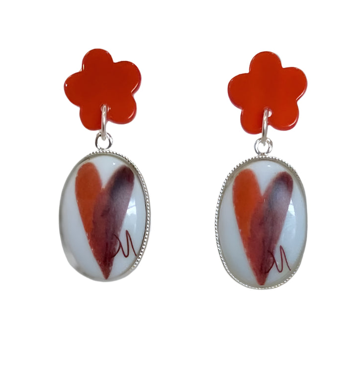 Heart Earrings Hand Painted Bezel Colorful Jewelry
