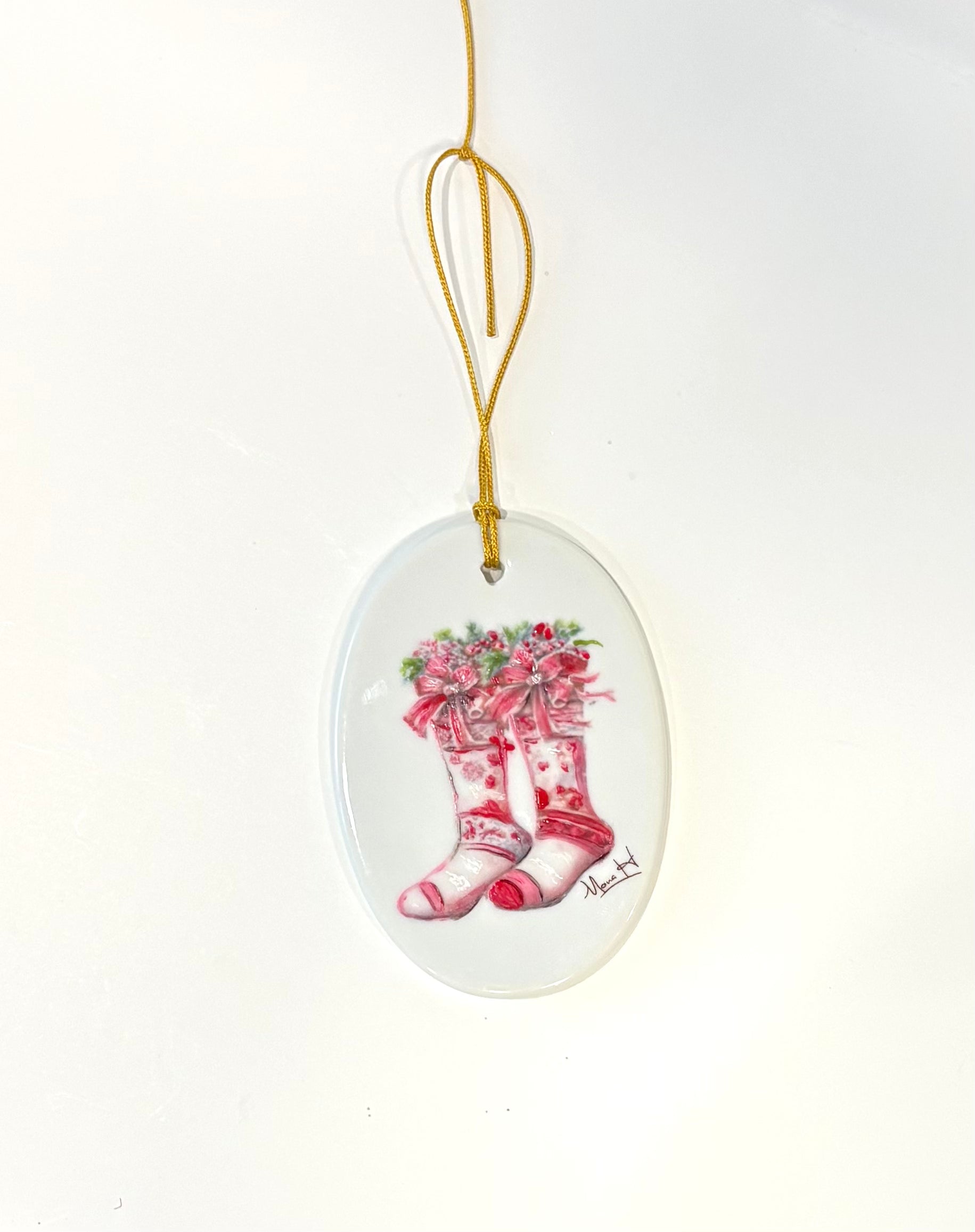 White Porcelain Oval Ornament with Hand-Painted Christmas Stockings