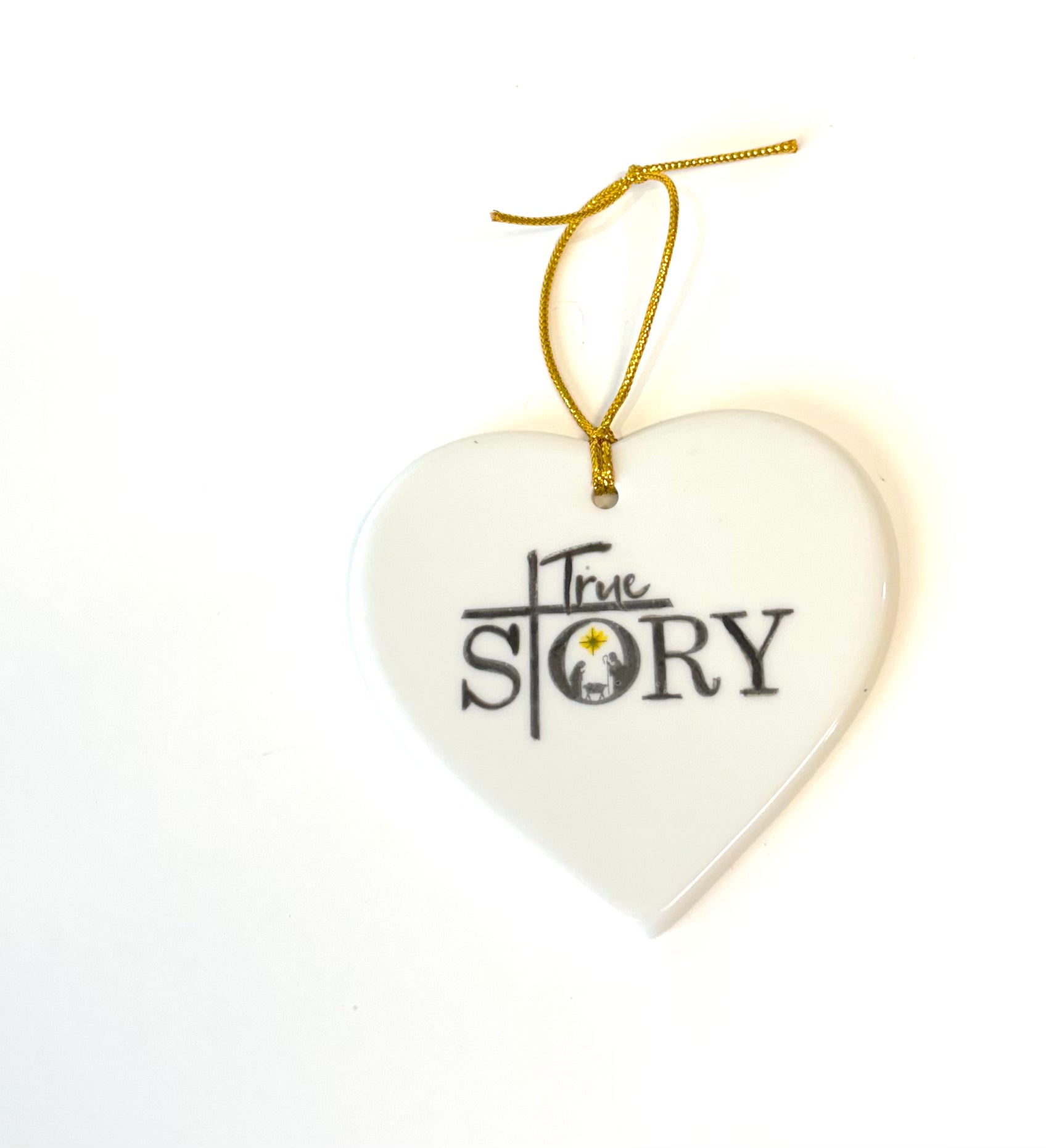 White Heart Porcelain Ornament – “True Story” with Manger Scene, 3.25”