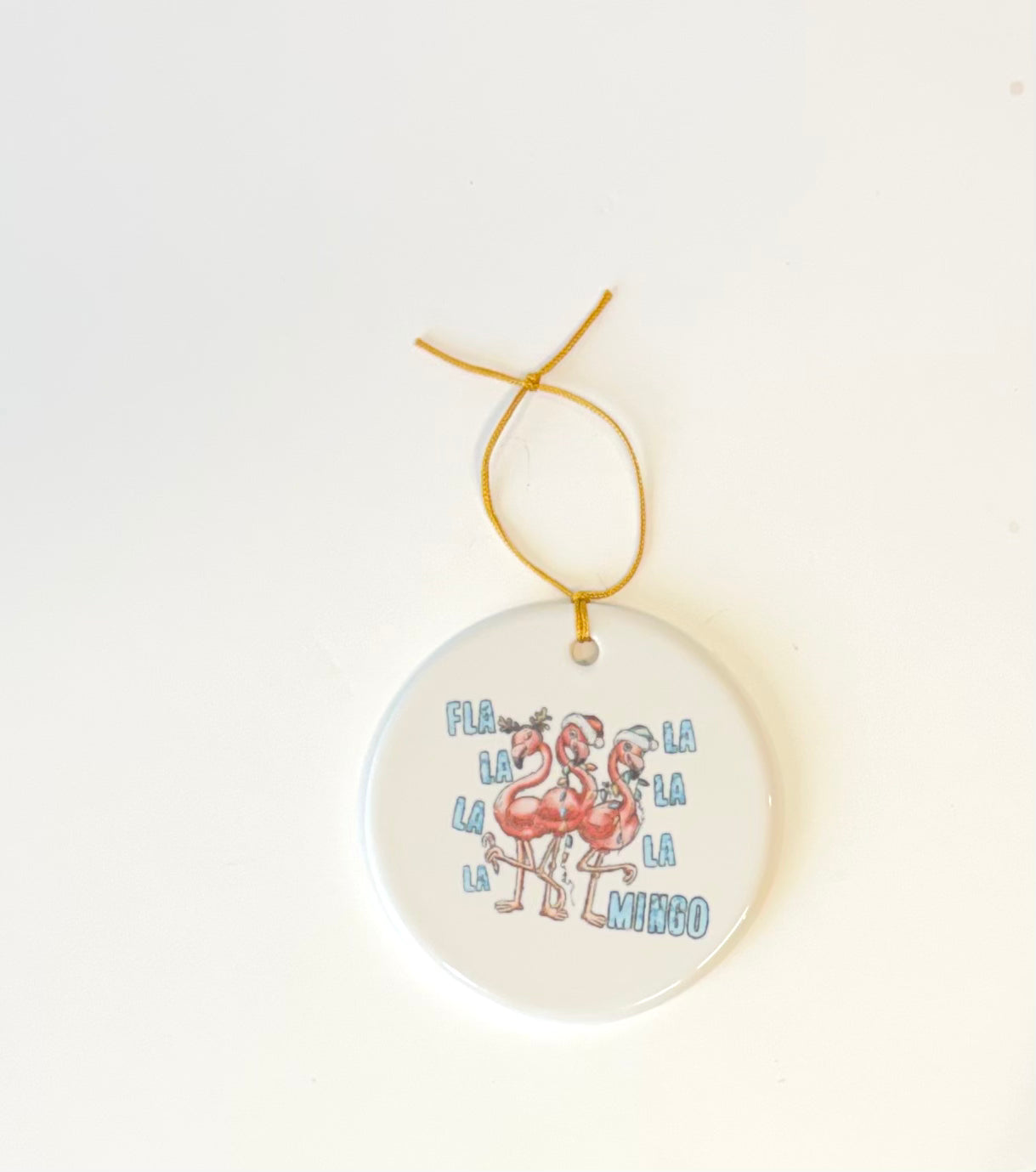 White Round Porcelain Ornament – Flamingos, 2.75”