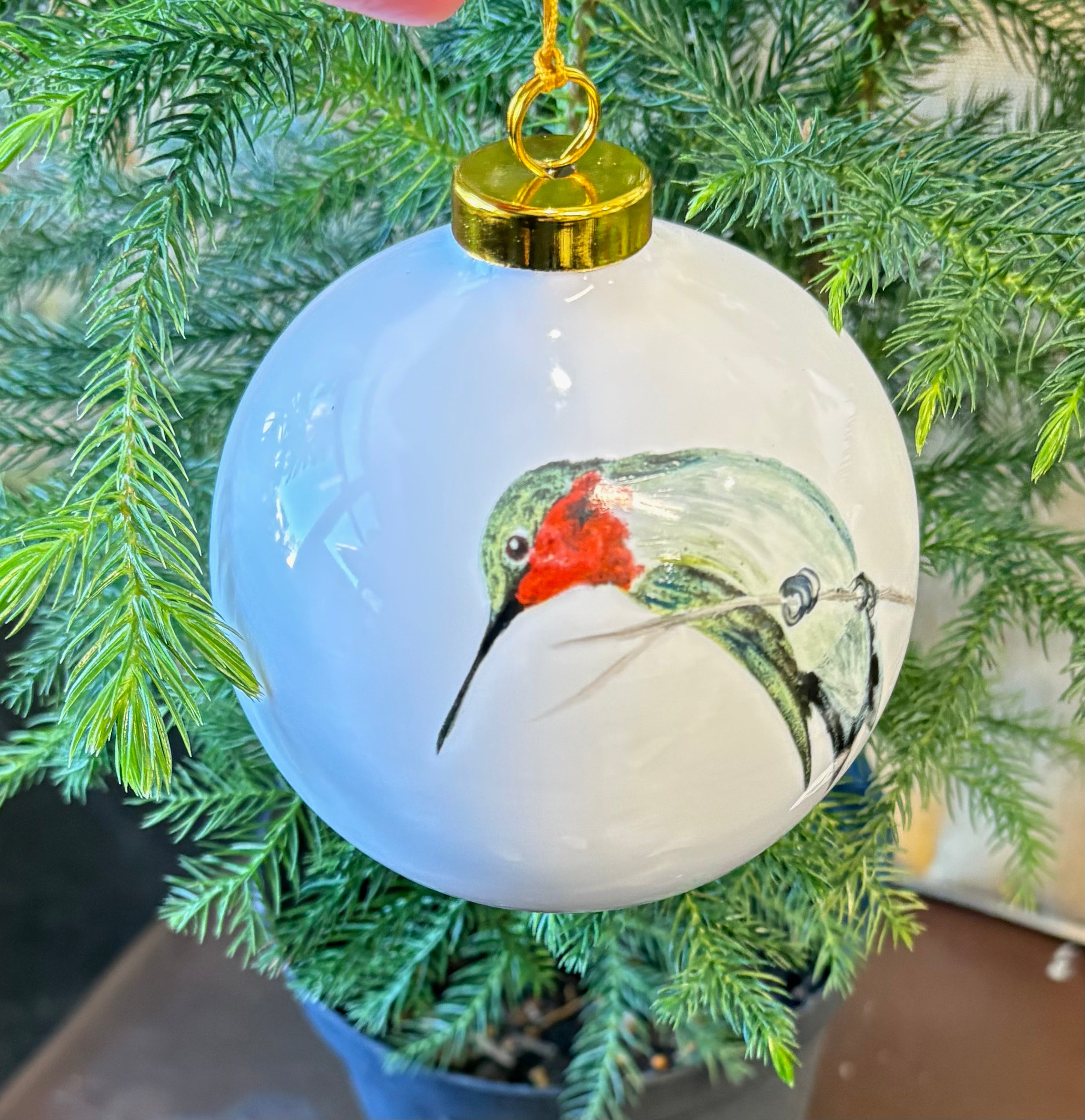 White Porcelain 3.5" Ornament – Hand-Painted Hummingbird