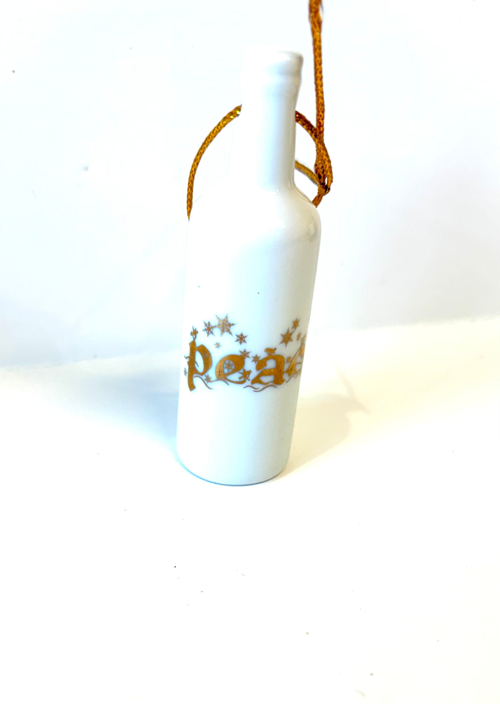 White Porcelain 3.25" Wine Bottle Ornament With The Word Peace Gold