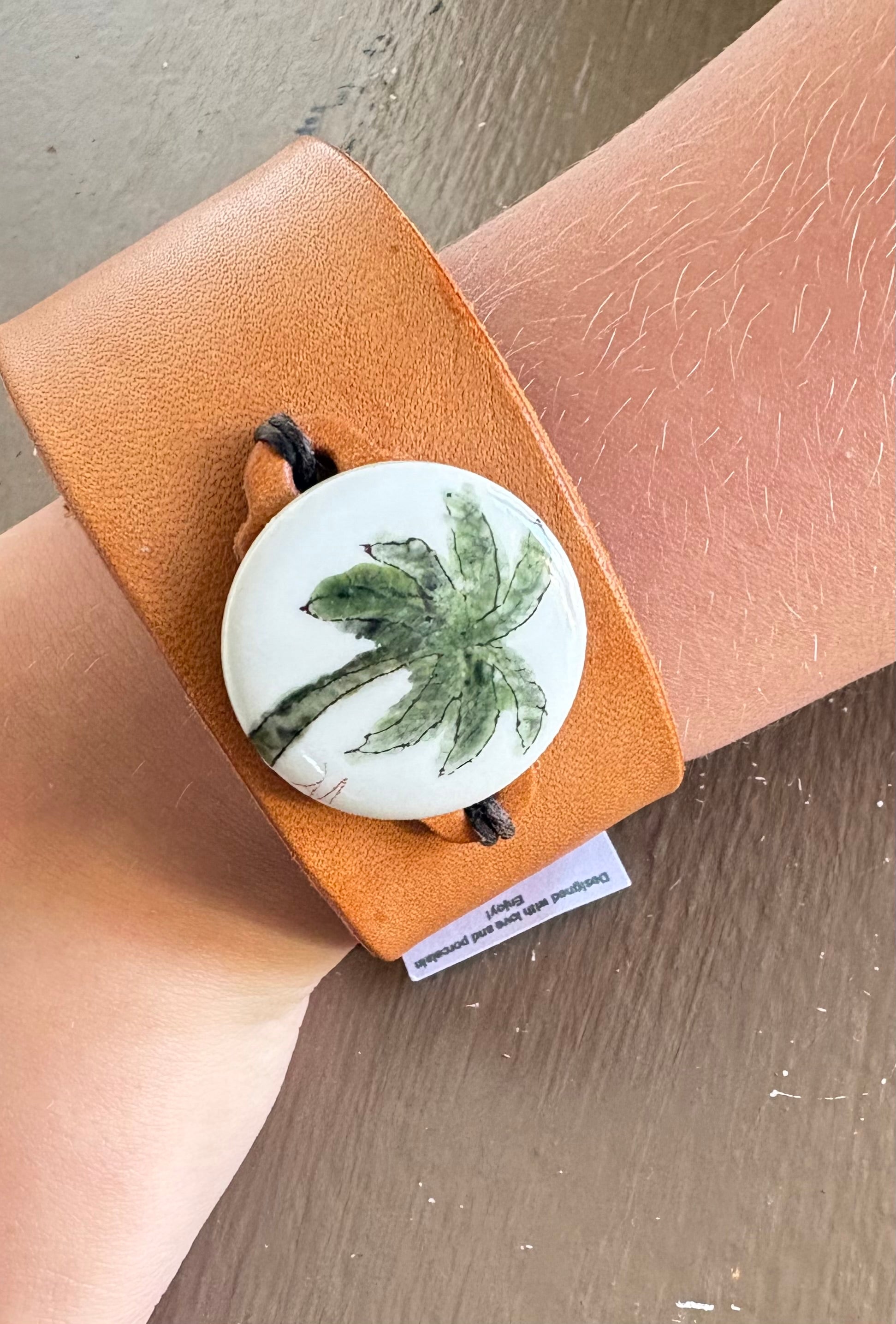 Palm Tree Porcelain Pendant Leather Bracelet