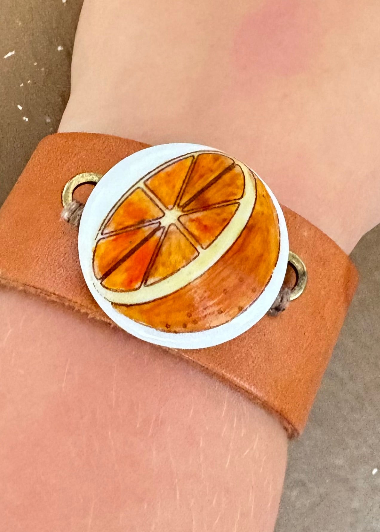 Orange Slice Porcelain Pendant Leather Bracelet