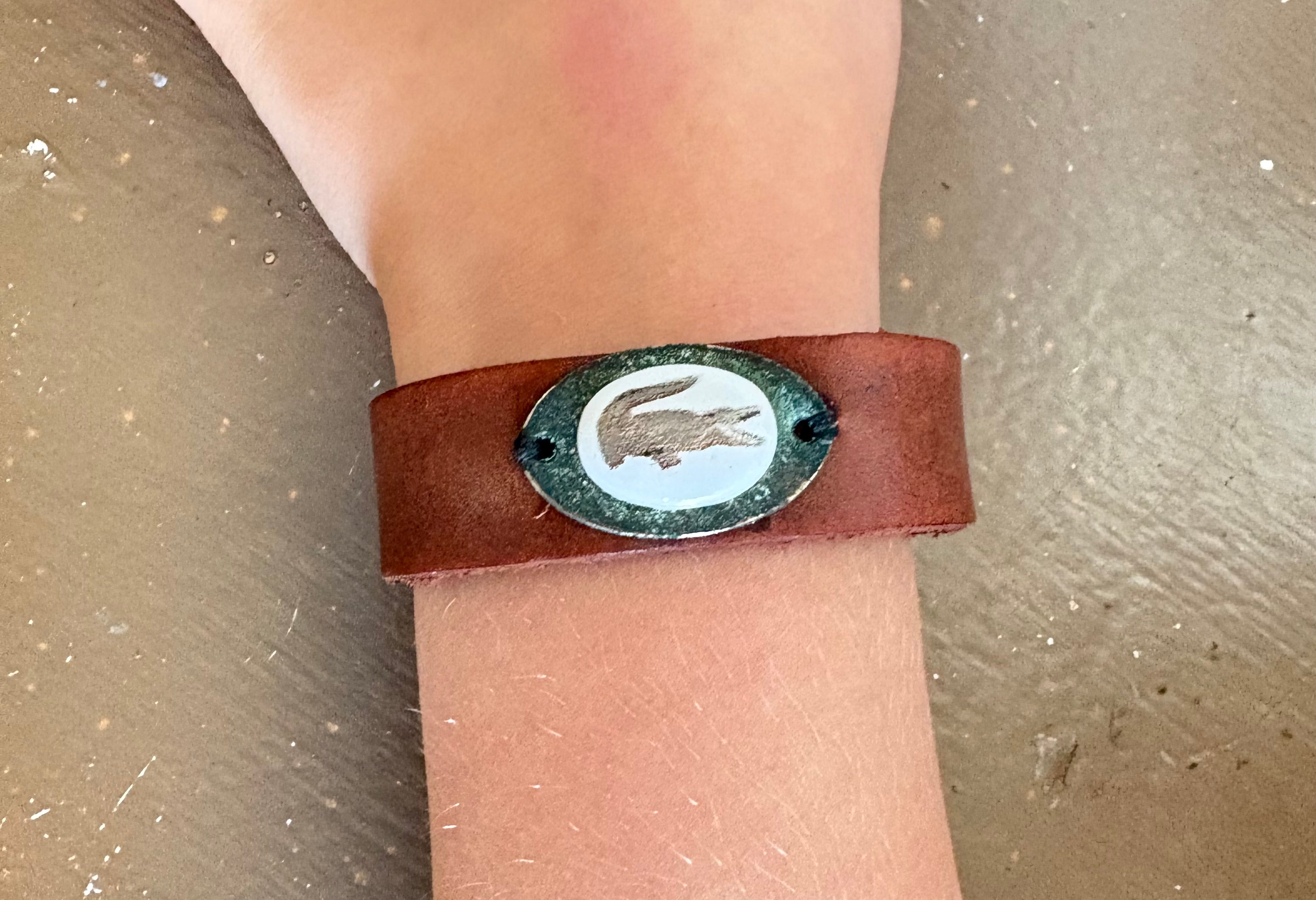 Gator Porcelain Pendant Leather Wrap Bracelet