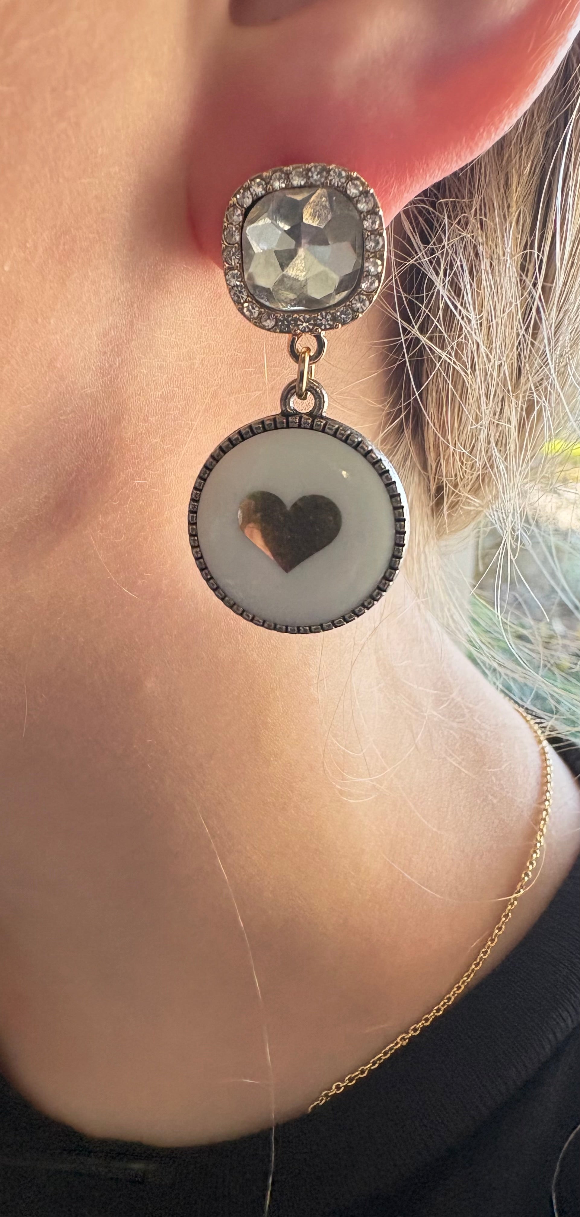 Gold Heart Drop Earrings Faux Diamond Studs