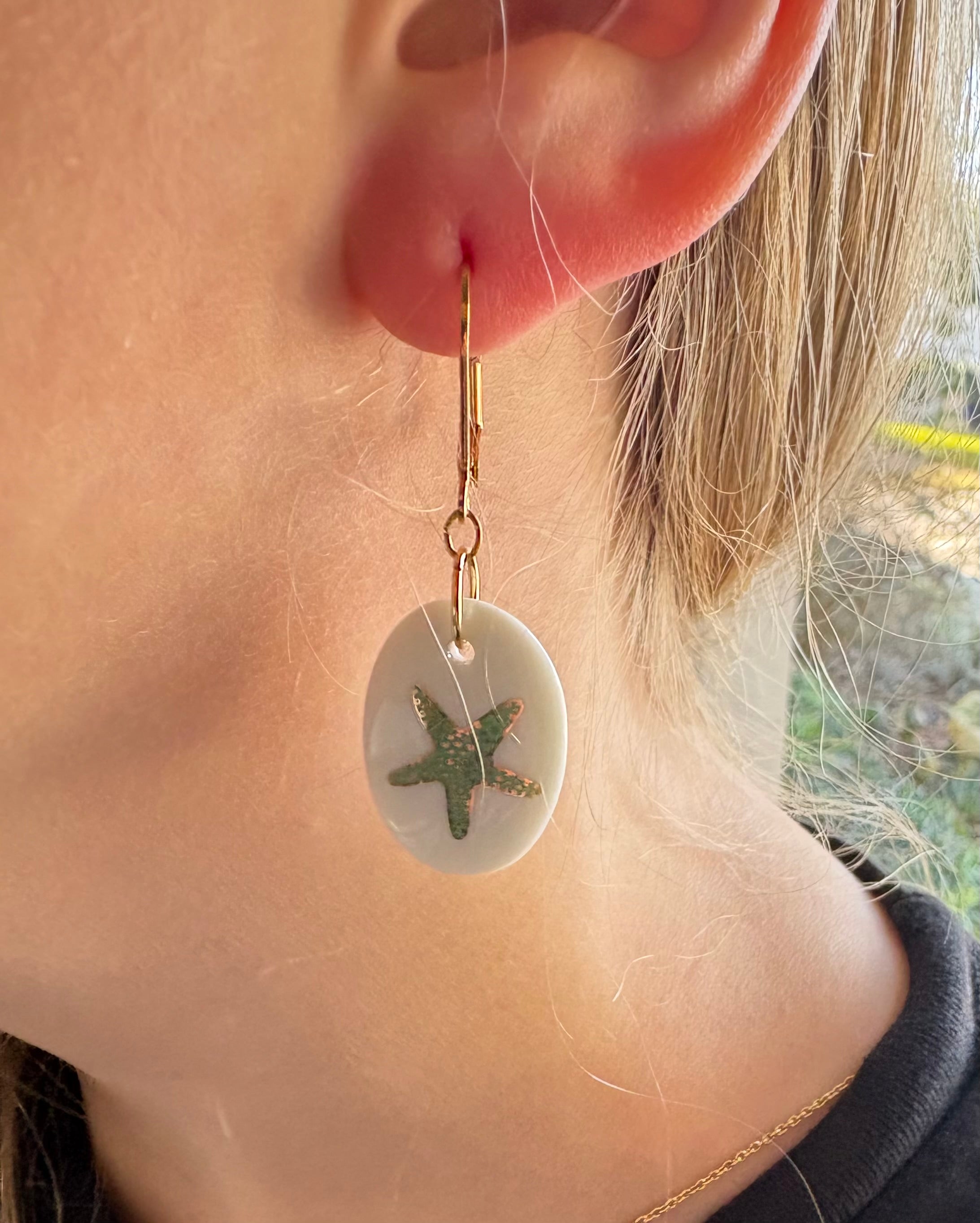Green Starfish Porcelain Pendant Gold Earrings