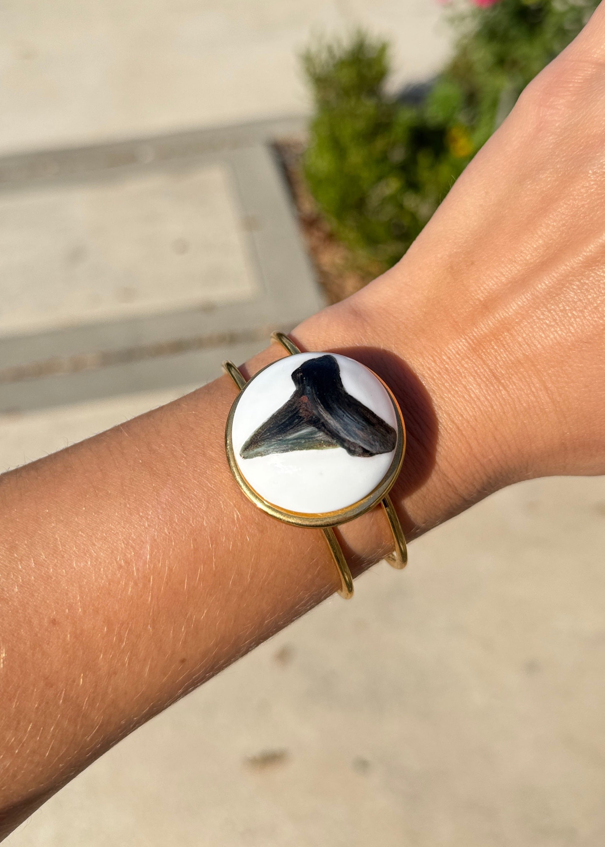 Shark Tooth Porcelain Pendant Gold Cuff Adjustable Bracelet