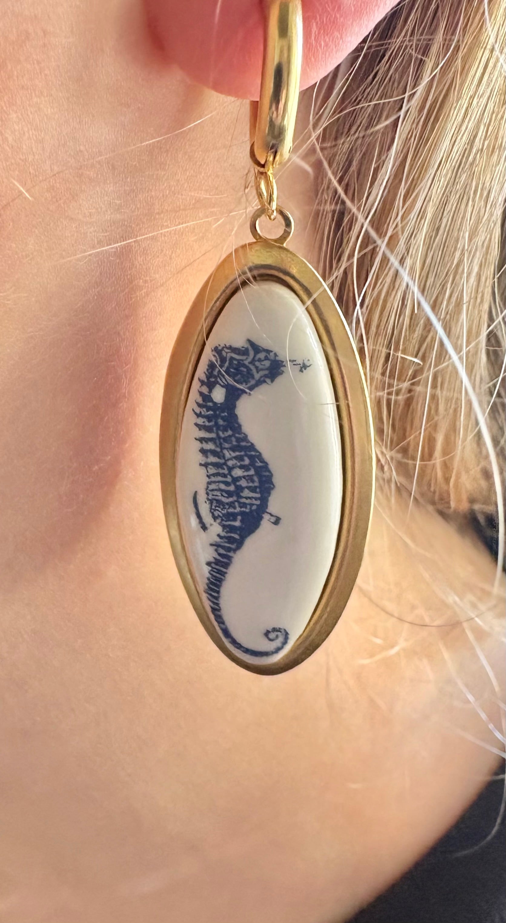 Blue Seahorse Gold Hoop Dangle Earrings