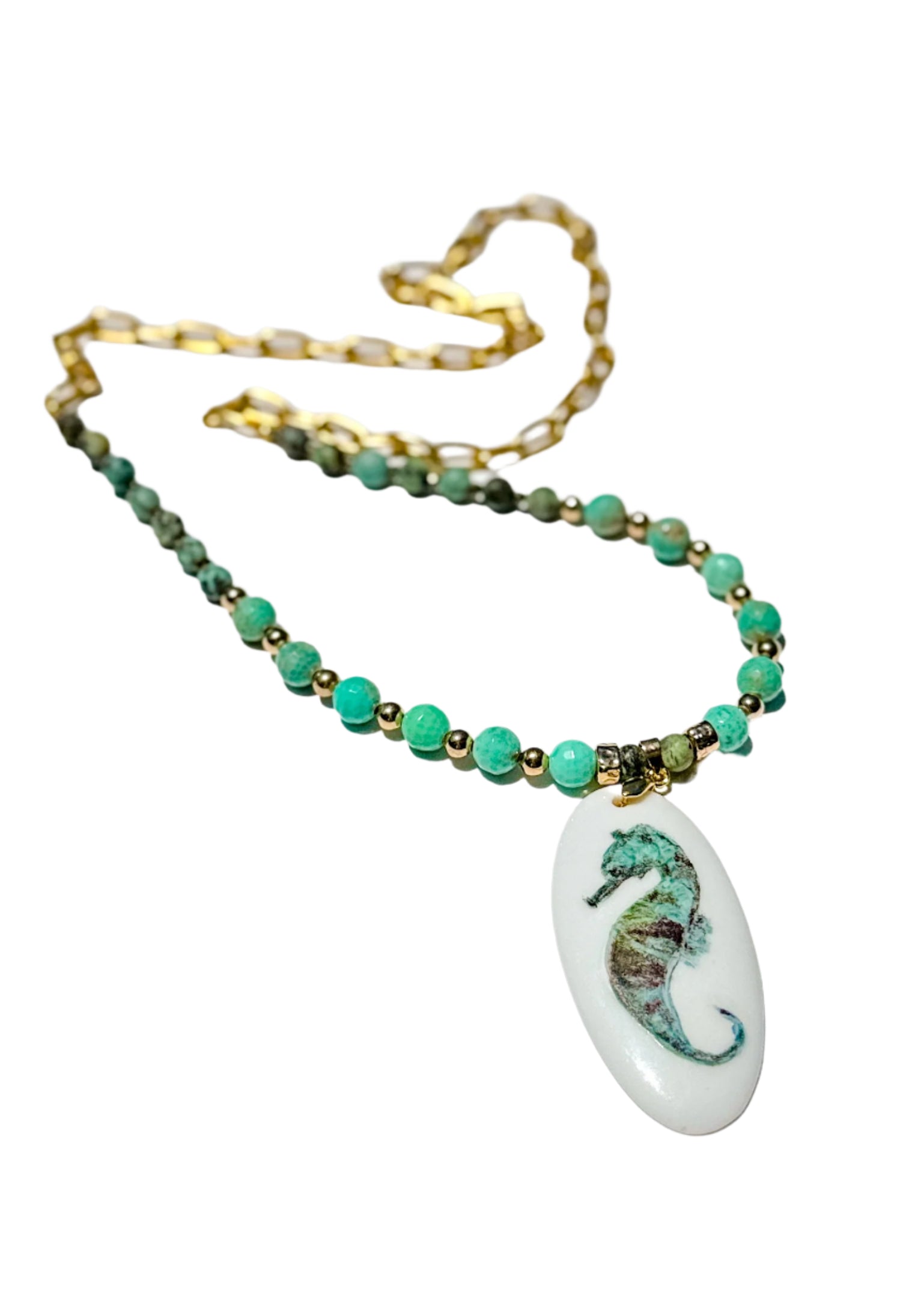 Seahorse Porcelain Pendent Beaded Necklace Beach Lover Jewelry