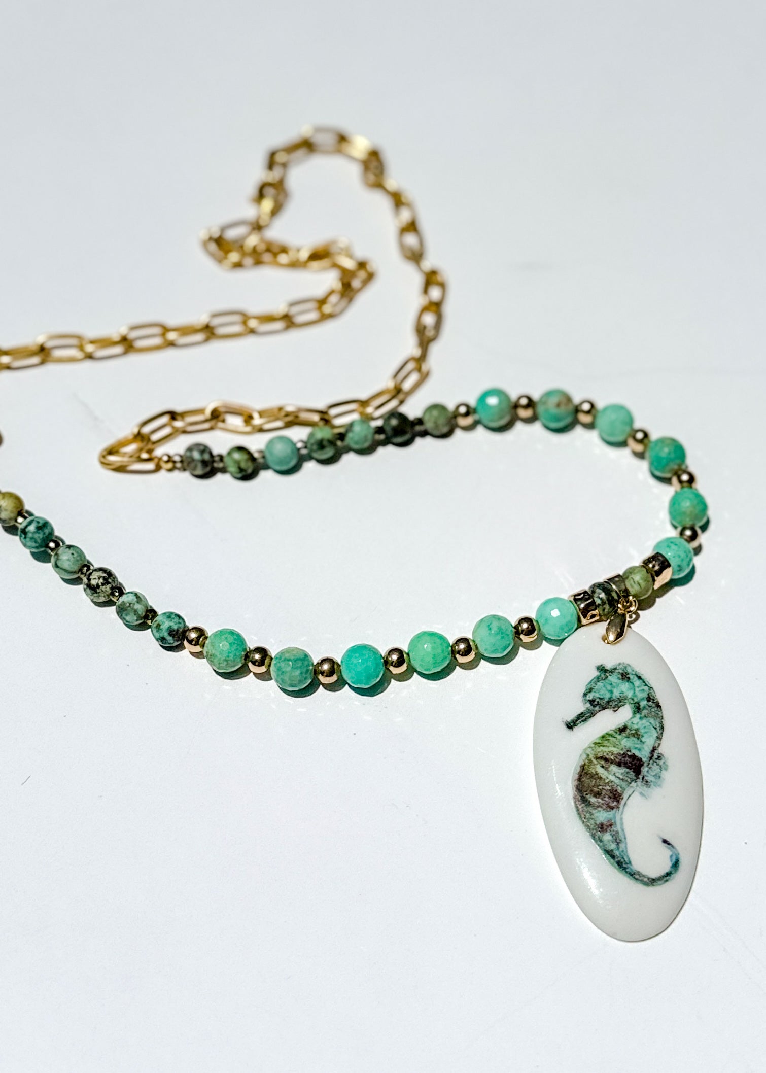 Seahorse Porcelain Pendent Beaded Necklace Beach Lover Jewelry