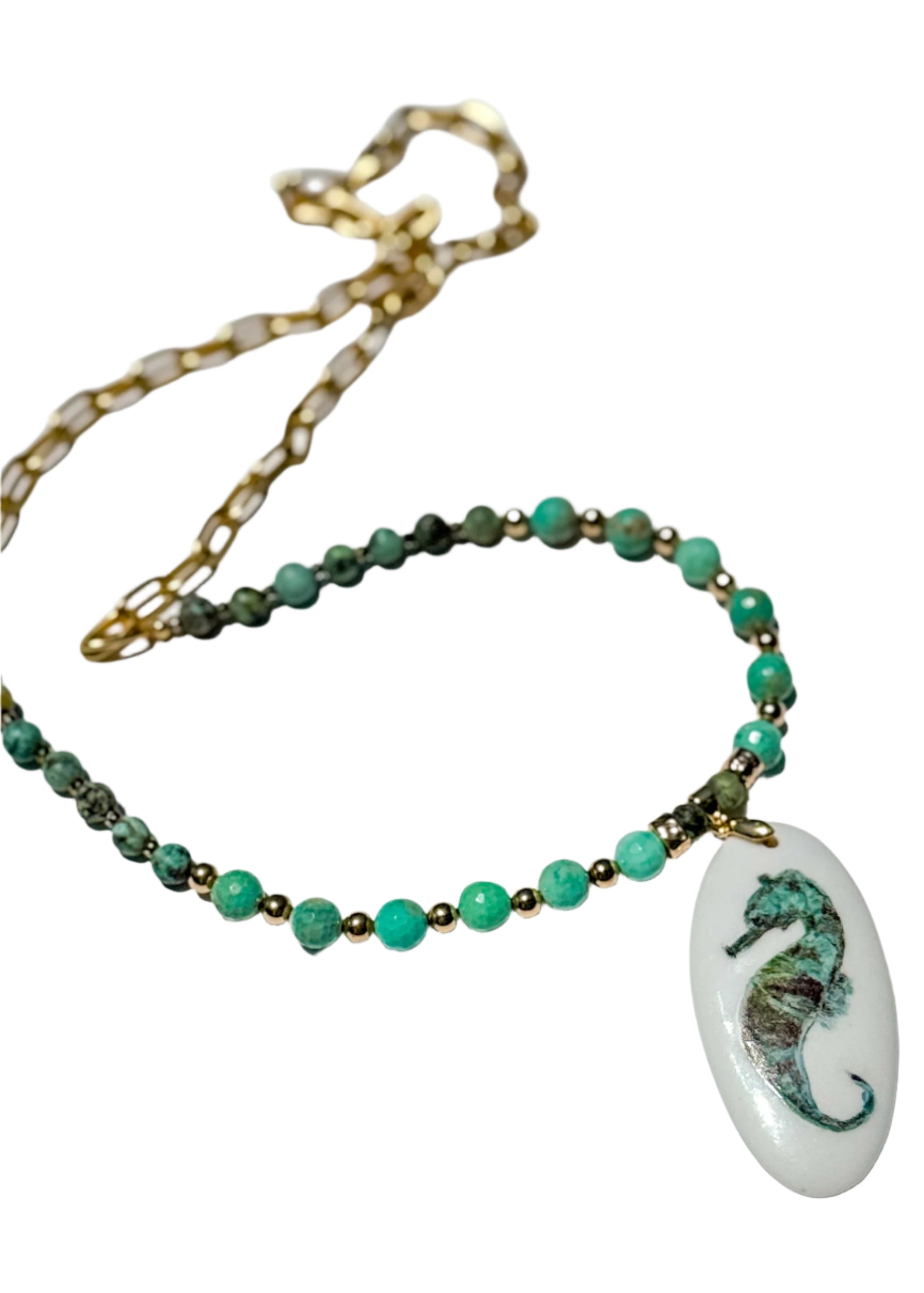 Seahorse Porcelain Pendent Beaded Necklace Beach Lover Jewelry