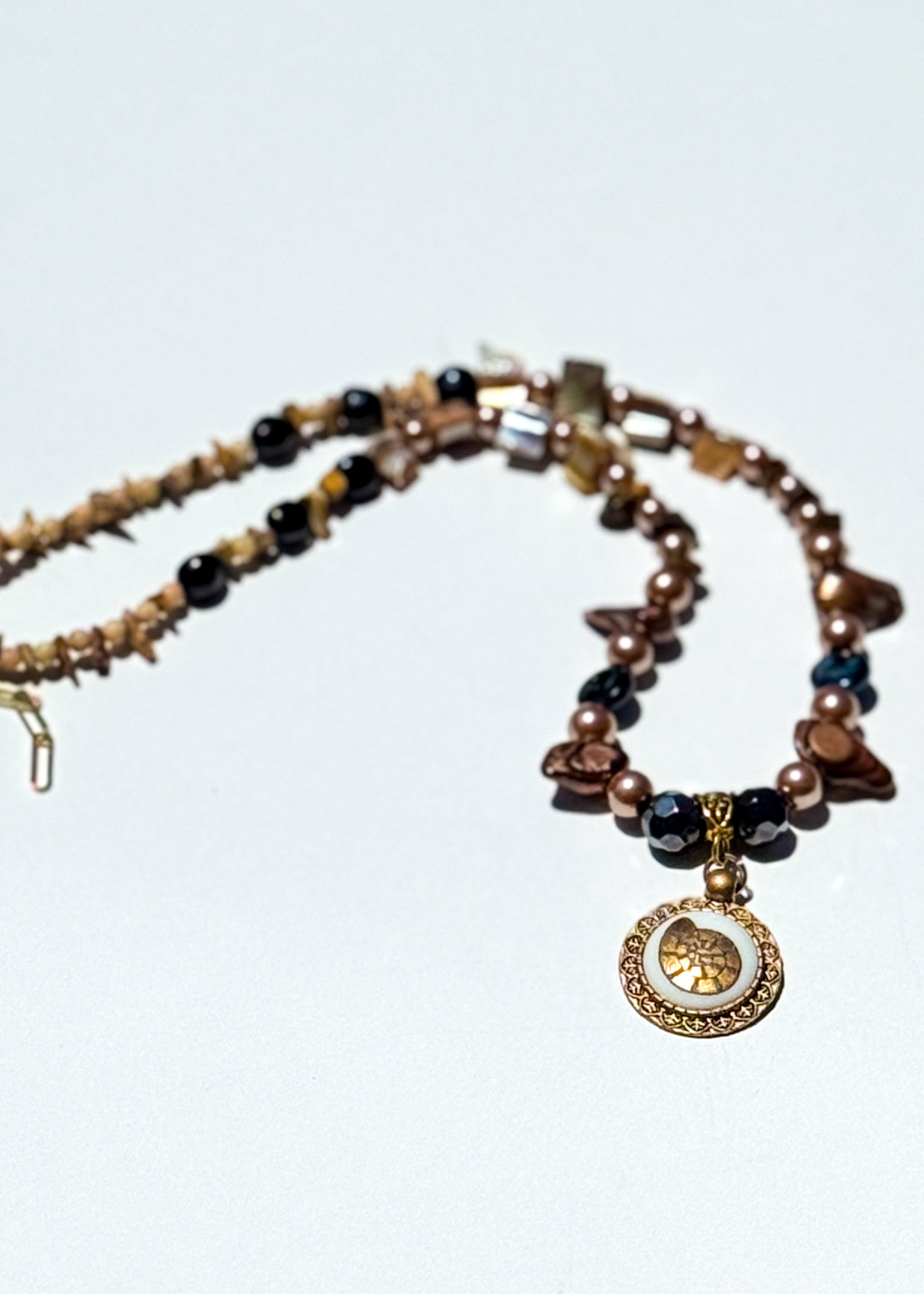 Gold Seashell Porcelain Pendant Bezel Beaded Necklace