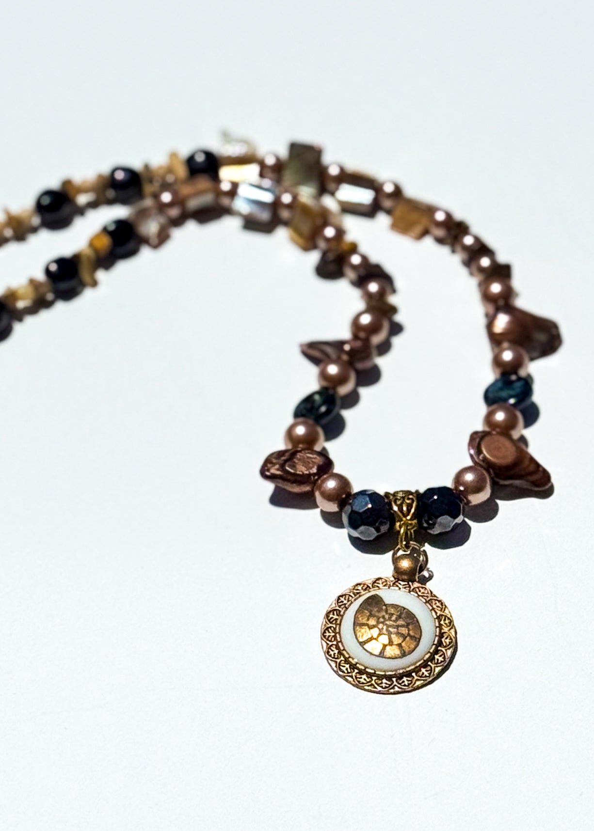 Gold Seashell Porcelain Pendant Bezel Beaded Necklace