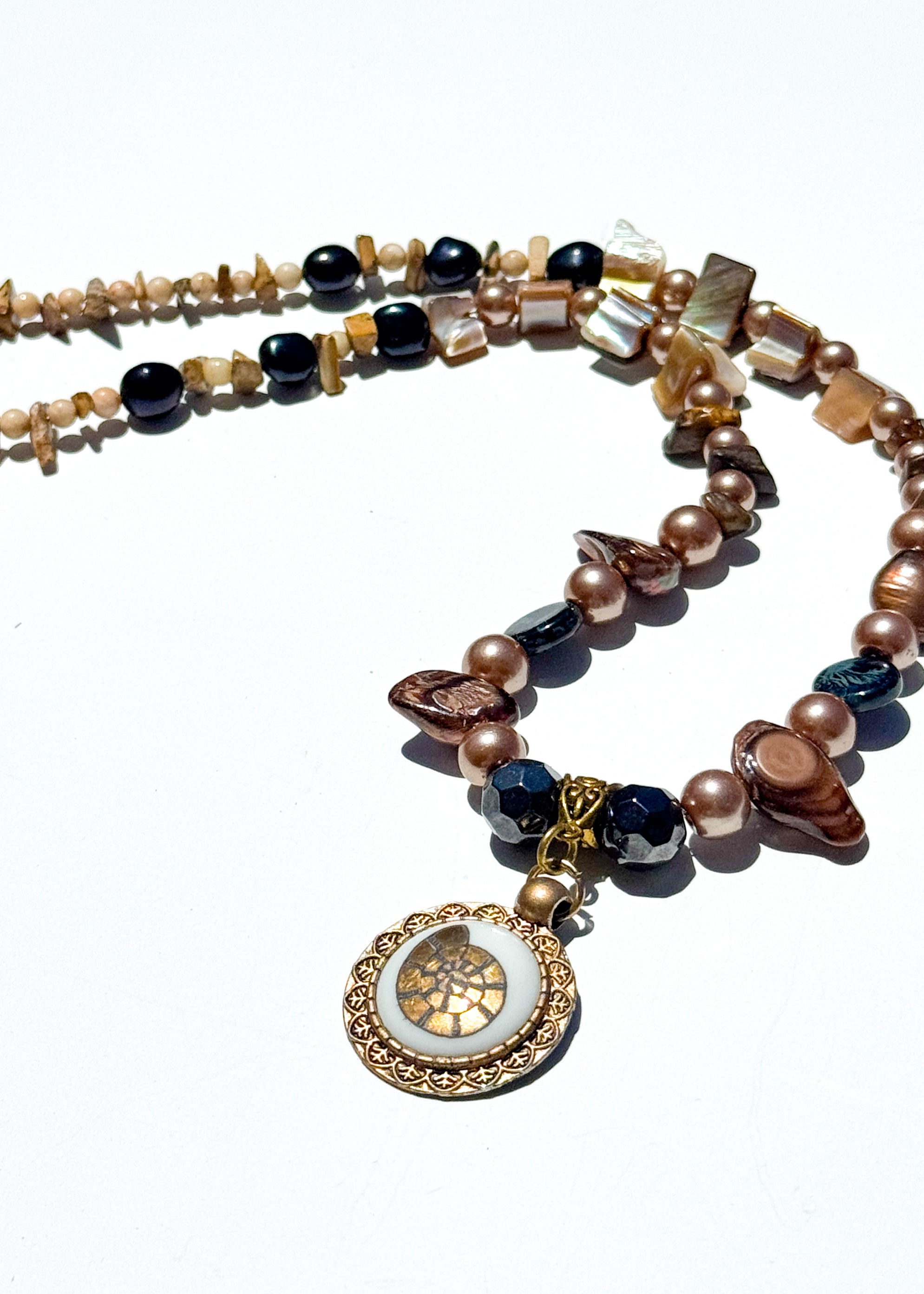 Gold Seashell Porcelain Pendant Bezel Beaded Necklace